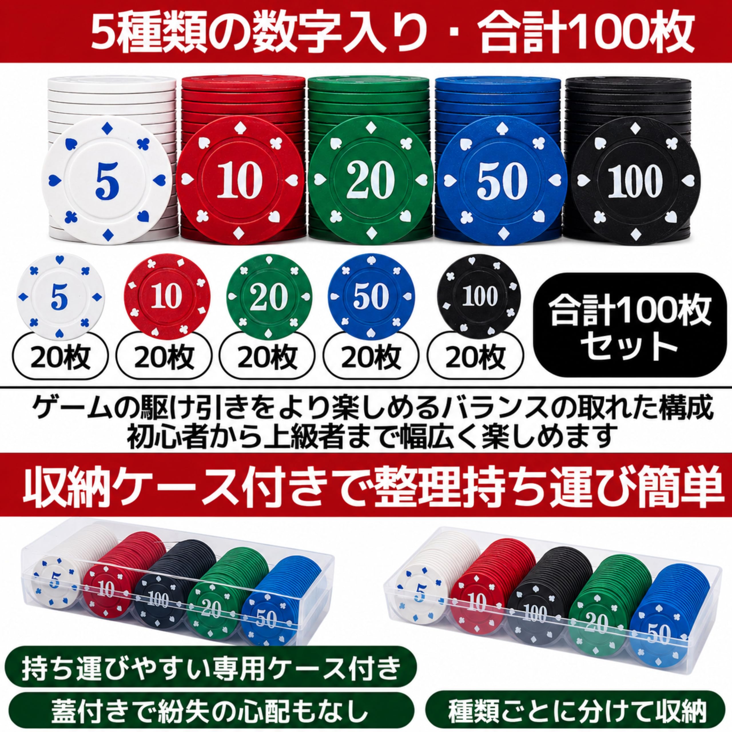Amazon | East Leaf ポーカーチップ カジノチップ 5種 100枚 セット
