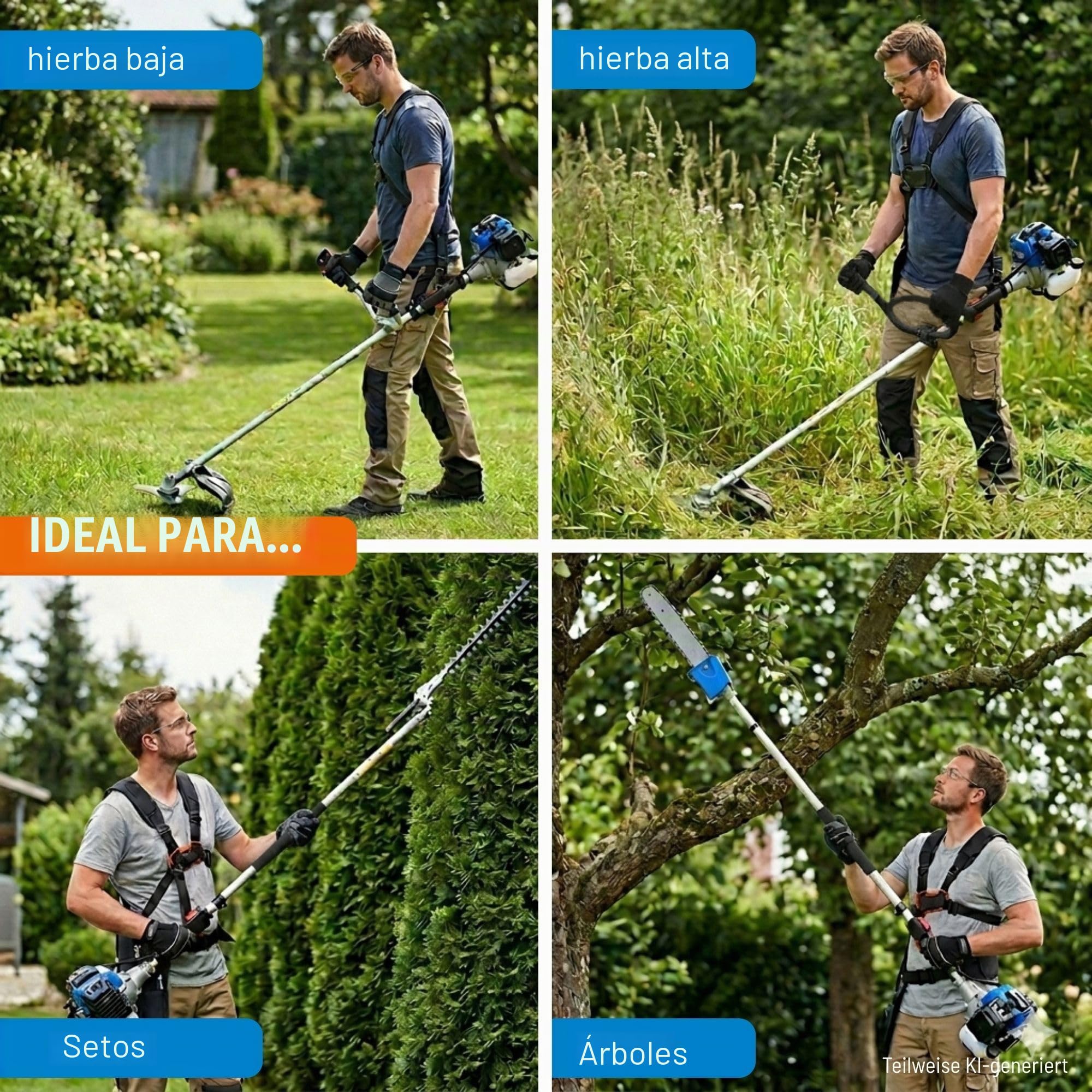 Güde Kit de Cuidado de jardín GPS 1001 4 en 1 (Motor de 2 Tiempos 1,2/1,6 kW/PS), Sierra de Cadena con Espada y Cadena Oregon, desbrozadora, Recortadora, Cortasetos en uno, Incluye extensión,