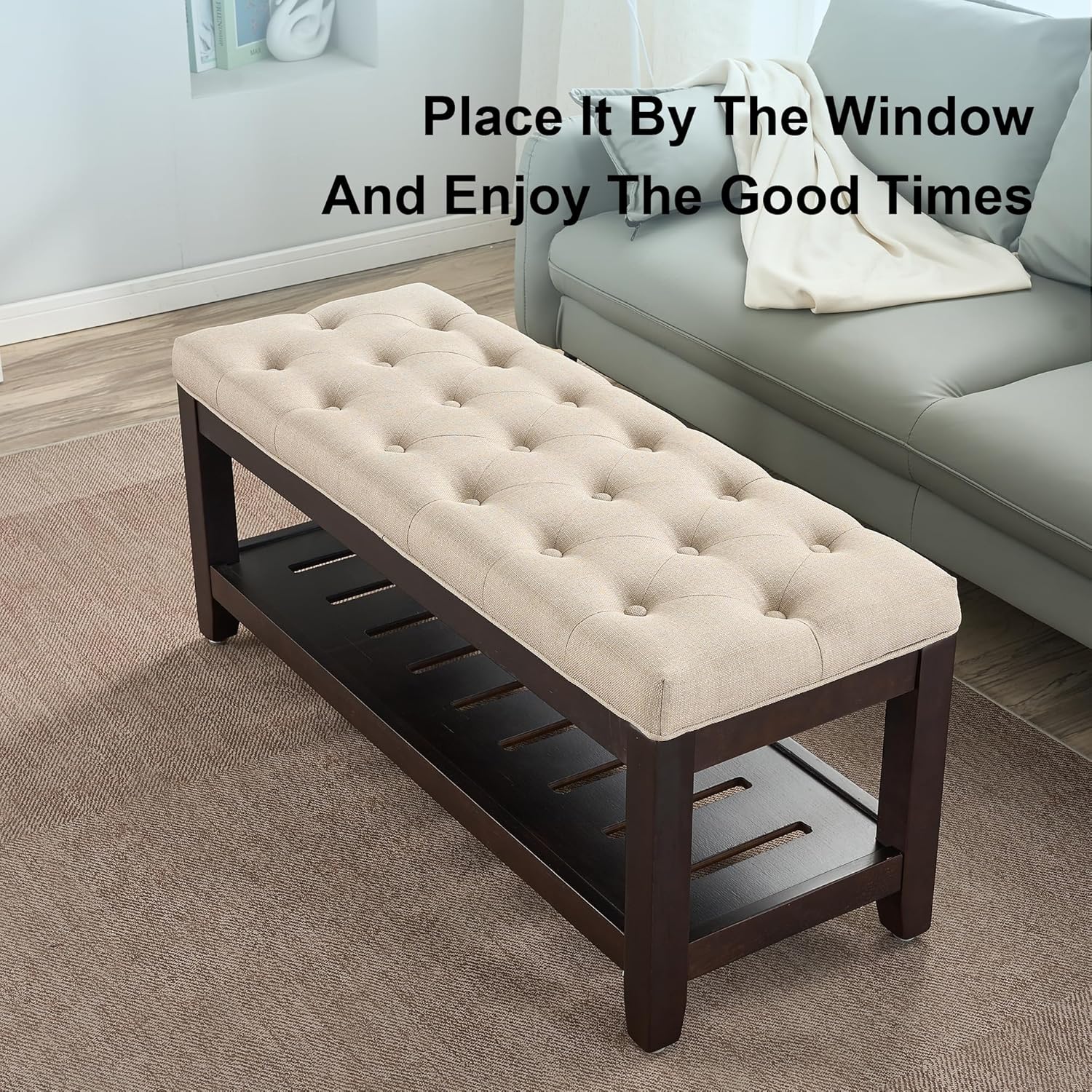 44" Ottoman Bench, Upholstered End of Bed Bench, Oversized Footrest with Wood Shelf torage Storage Bench for Bedroom, Entryway, Living Room, Light Brown