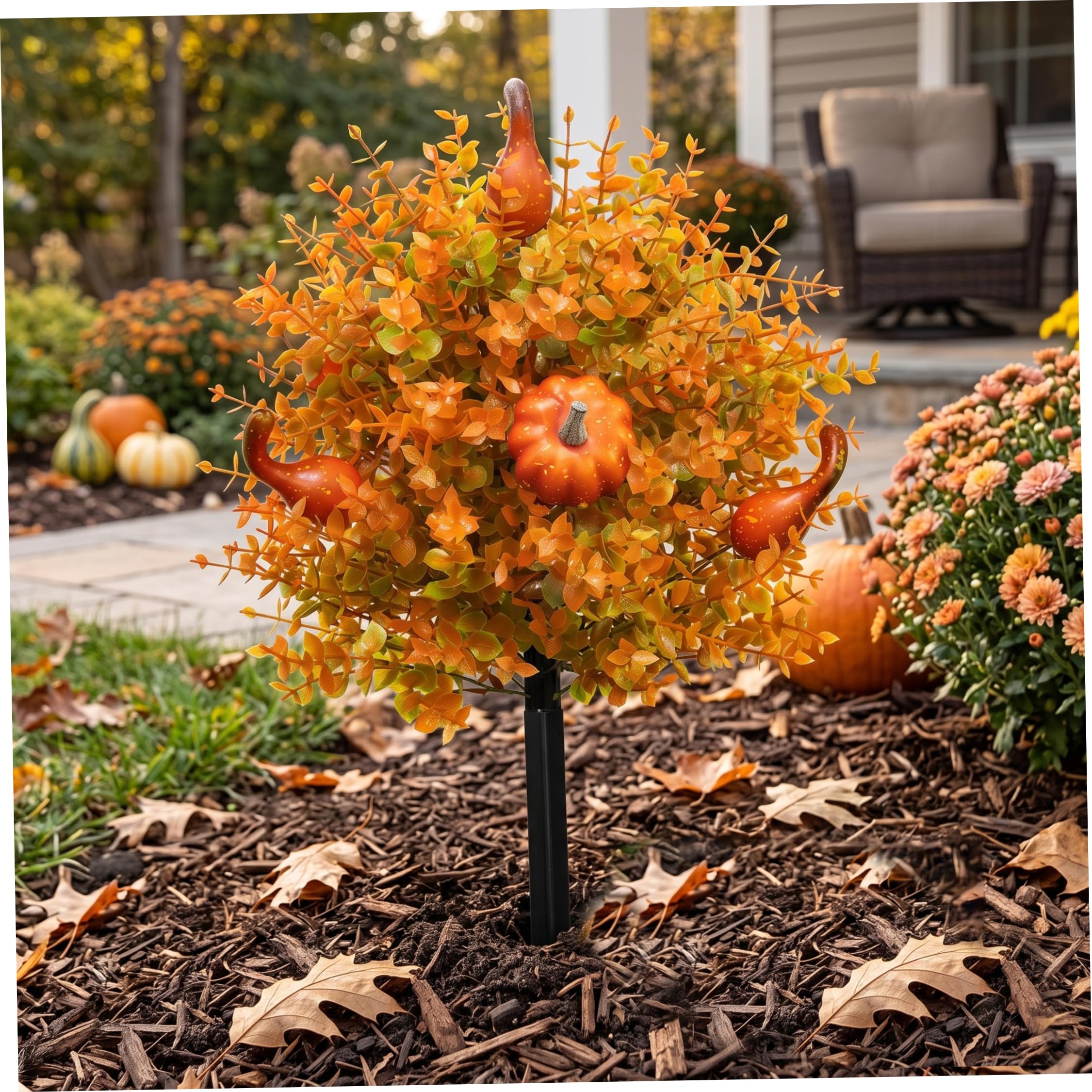 Arbusti artificiali per esterni, 1 pezzo di arte topiaria artificiale per esterni, decorazioni per Halloween all'aperto, picchetto di terra di eucalipto zucca giallo chiaro per giardino autunnale
