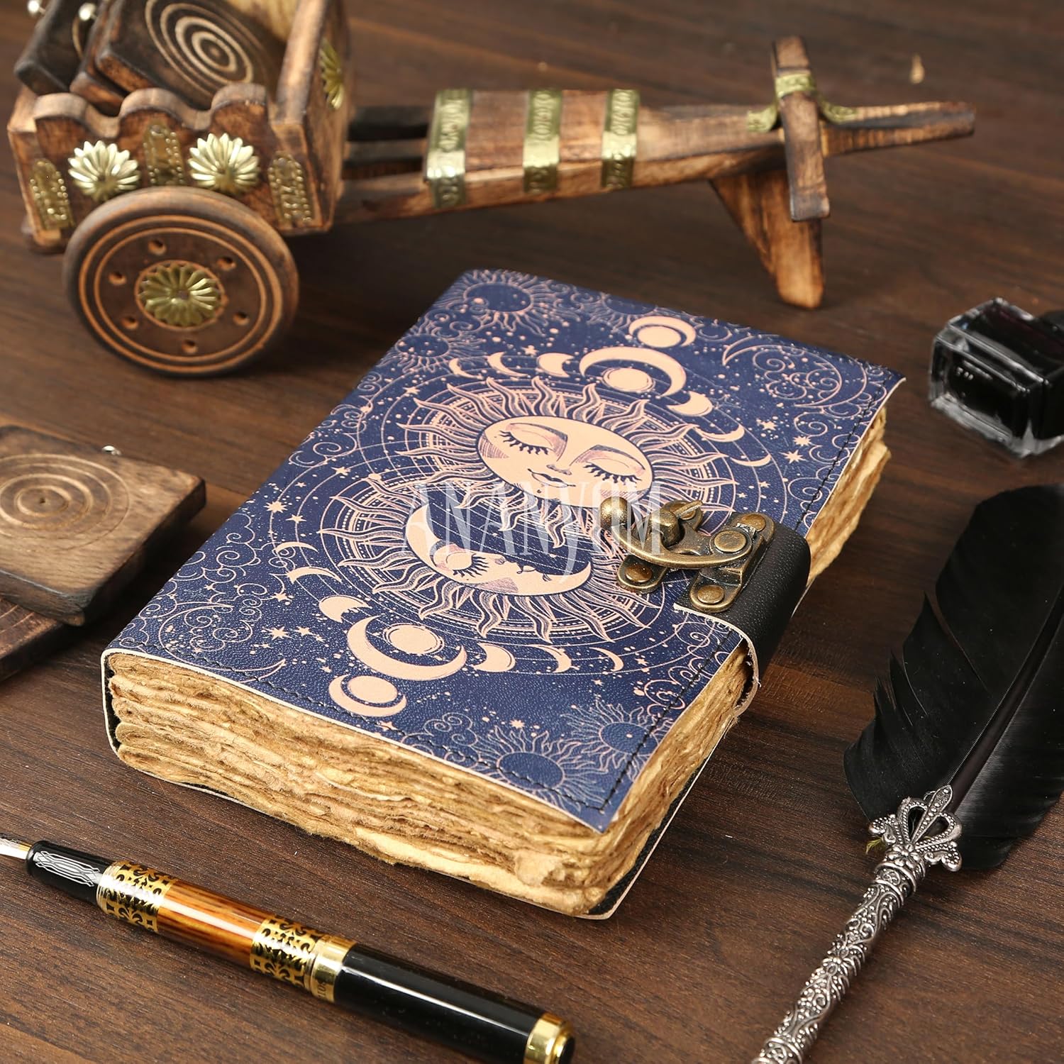 Leather Journal Refillable Notebook 8x5 Inch – Royal Blue Sun & Moon Design | Vintage Writing Journal for Women & Men | 200 Unruled Dackle edge Pages, Brass Clasp Lock, Genuine Leather Diary - Image 7