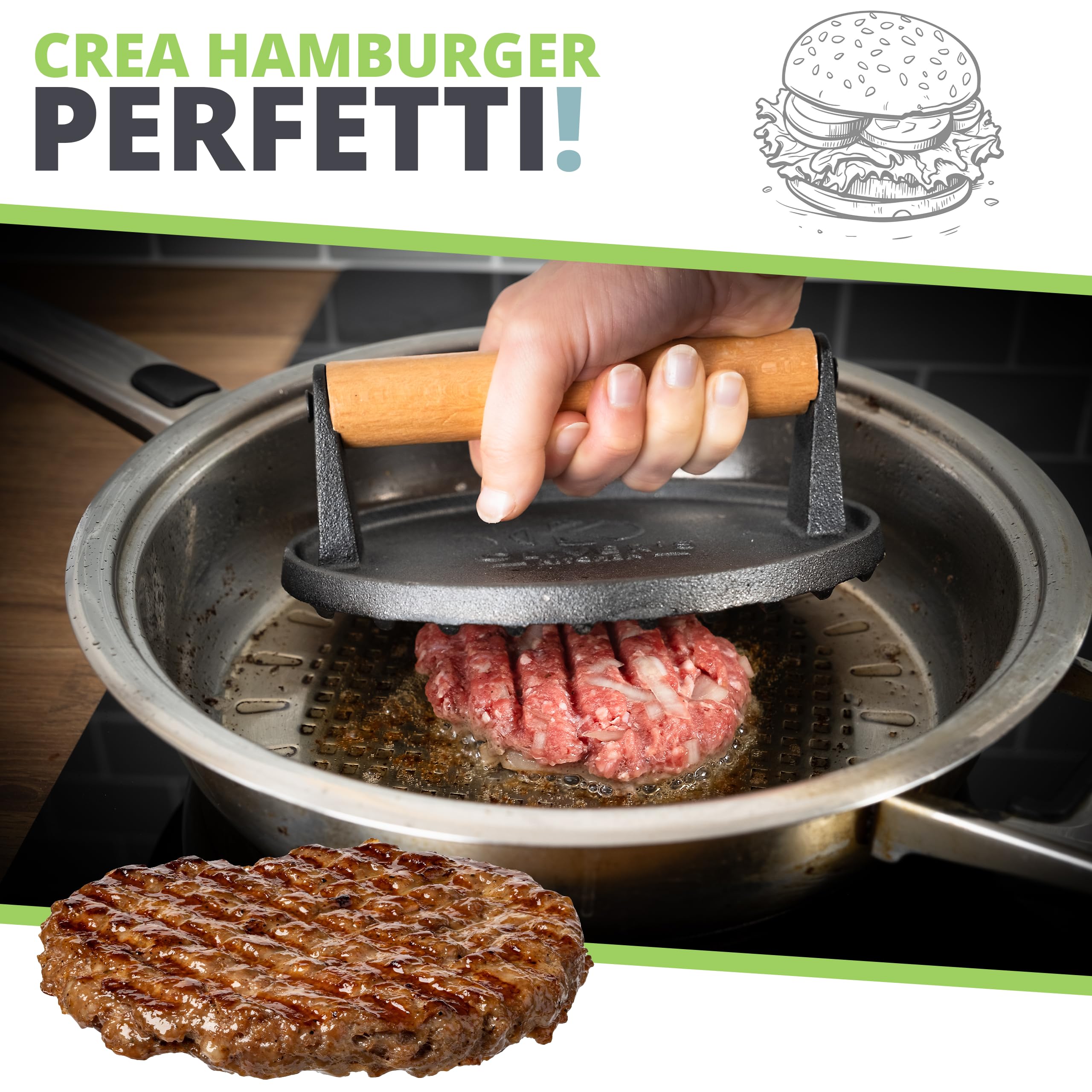 Pressa Hamburger Oliver's Kitchen ® - Pressa in Ghisa per Hamburger Diametro 19 cm – Impugnatura Confortevole – Base Antiaderente – Perfetta per Uso Professionale o Per Amanti del Barbecue