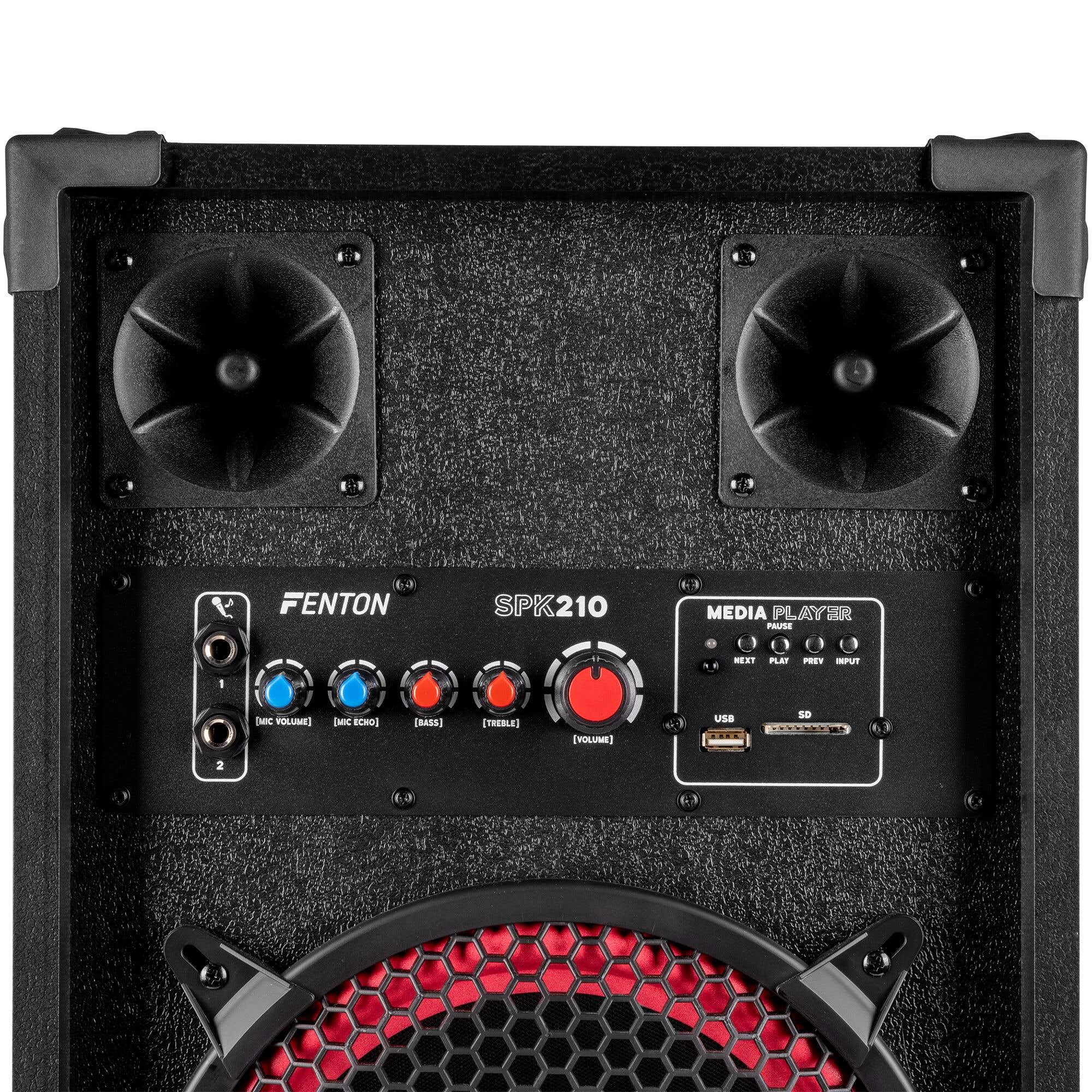 Fenton SPK210 – Altoparlanti attivi PA doppio woofer da 10 pollici Bluetooth MP3 USB SD due ingressi micro eco regolabile suono potente per feste karaoke altoparlanti portatili con amplificatore