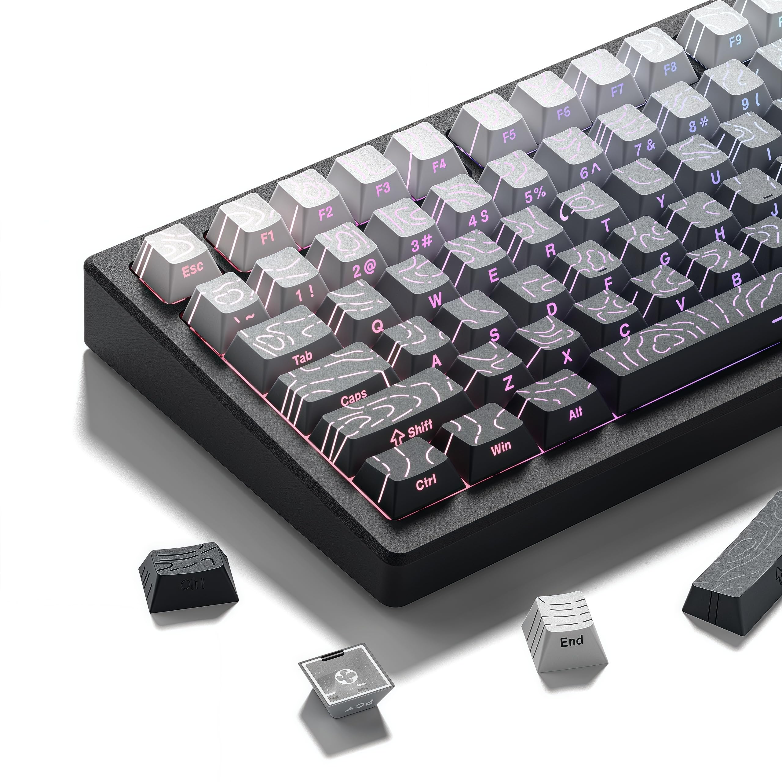 dagaladoo White/Grey Keyboard keycaps,Double Shot PBT keycaps Topographic | Shine Through custom key caps,Side Print,Cherry Profile keycaps for most mx switch Mechanical Keyboards