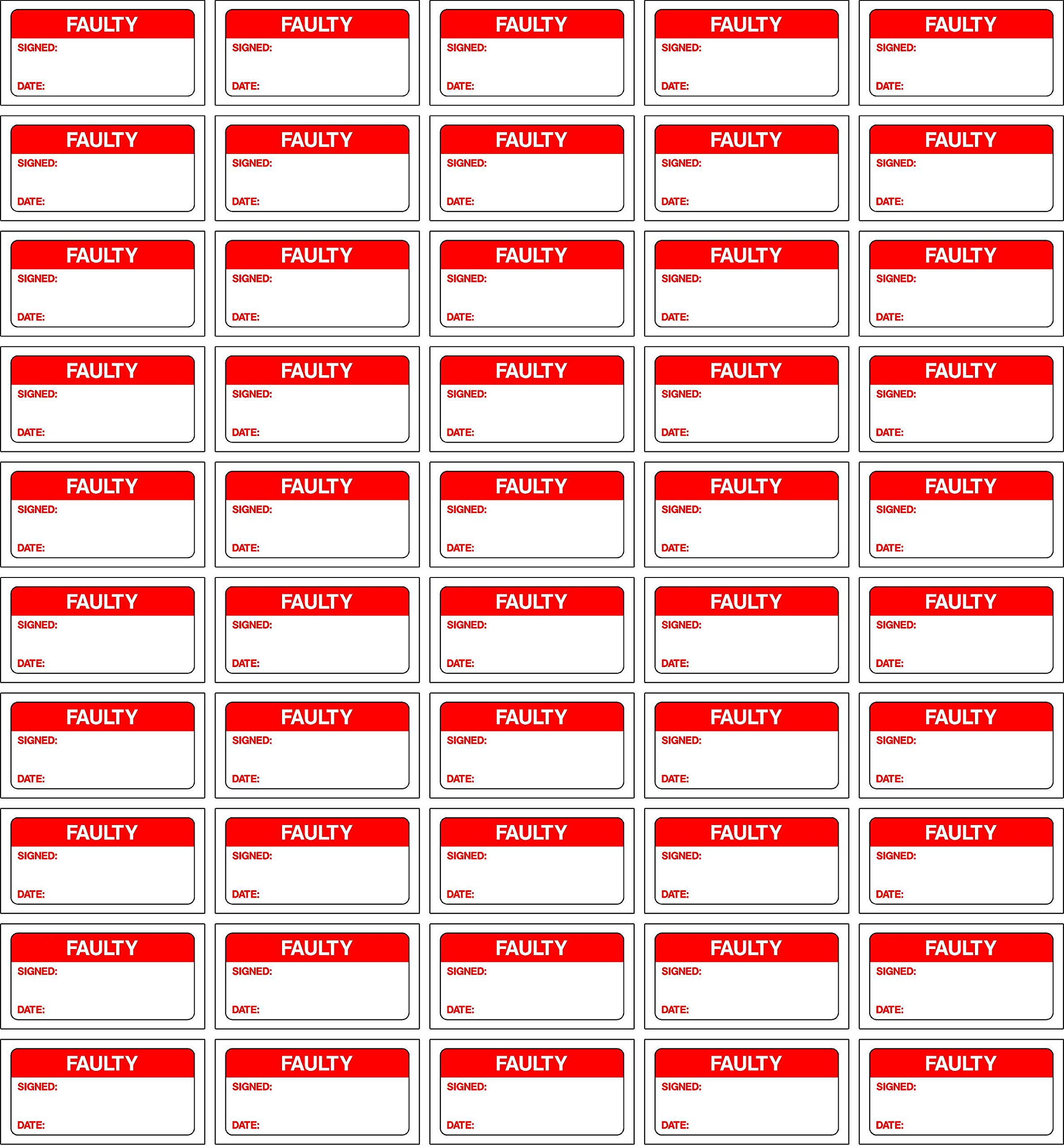 Quality control labels Faulty signed and date - 50 Stickers 40mm x 20mm