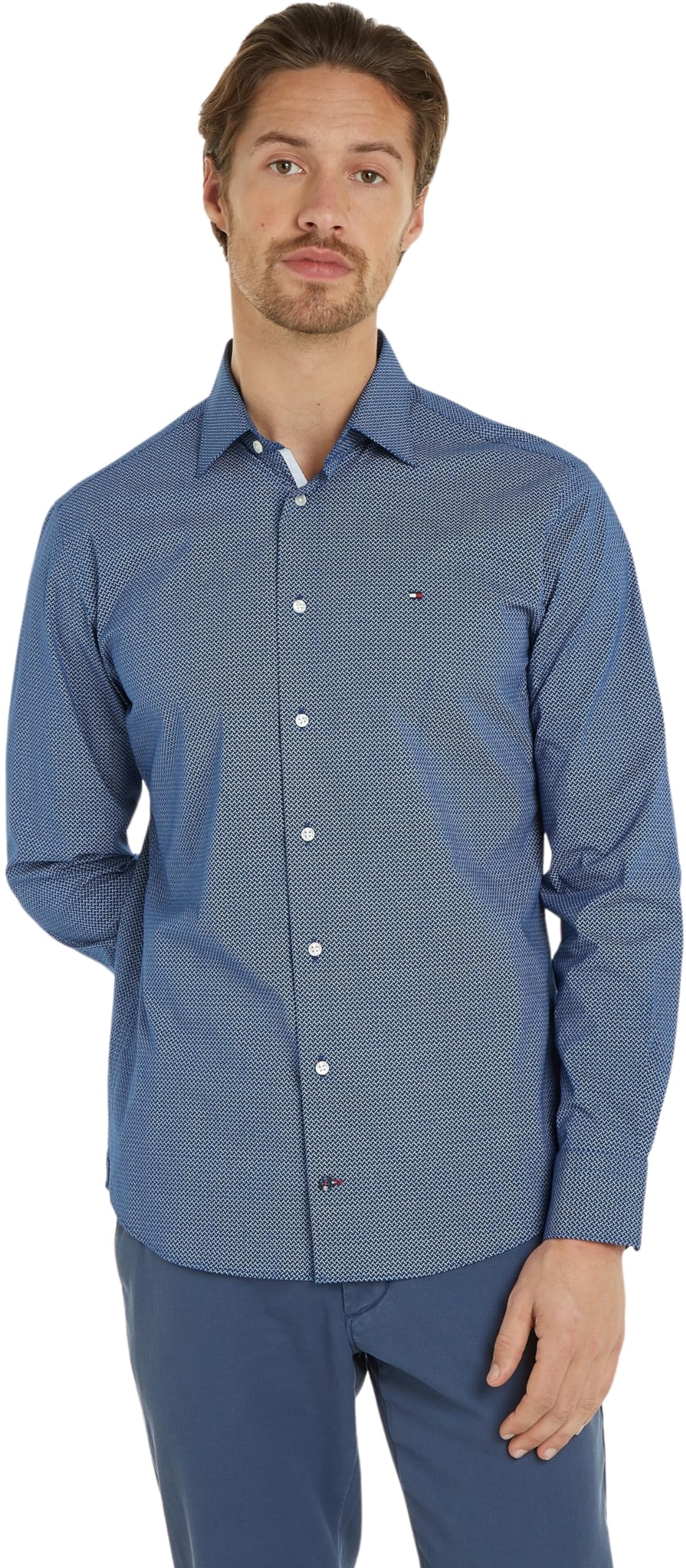 Tommy Hilfiger Hombre Camisa Manga Larga, Azul (Anchor Blue / Optic White), 41