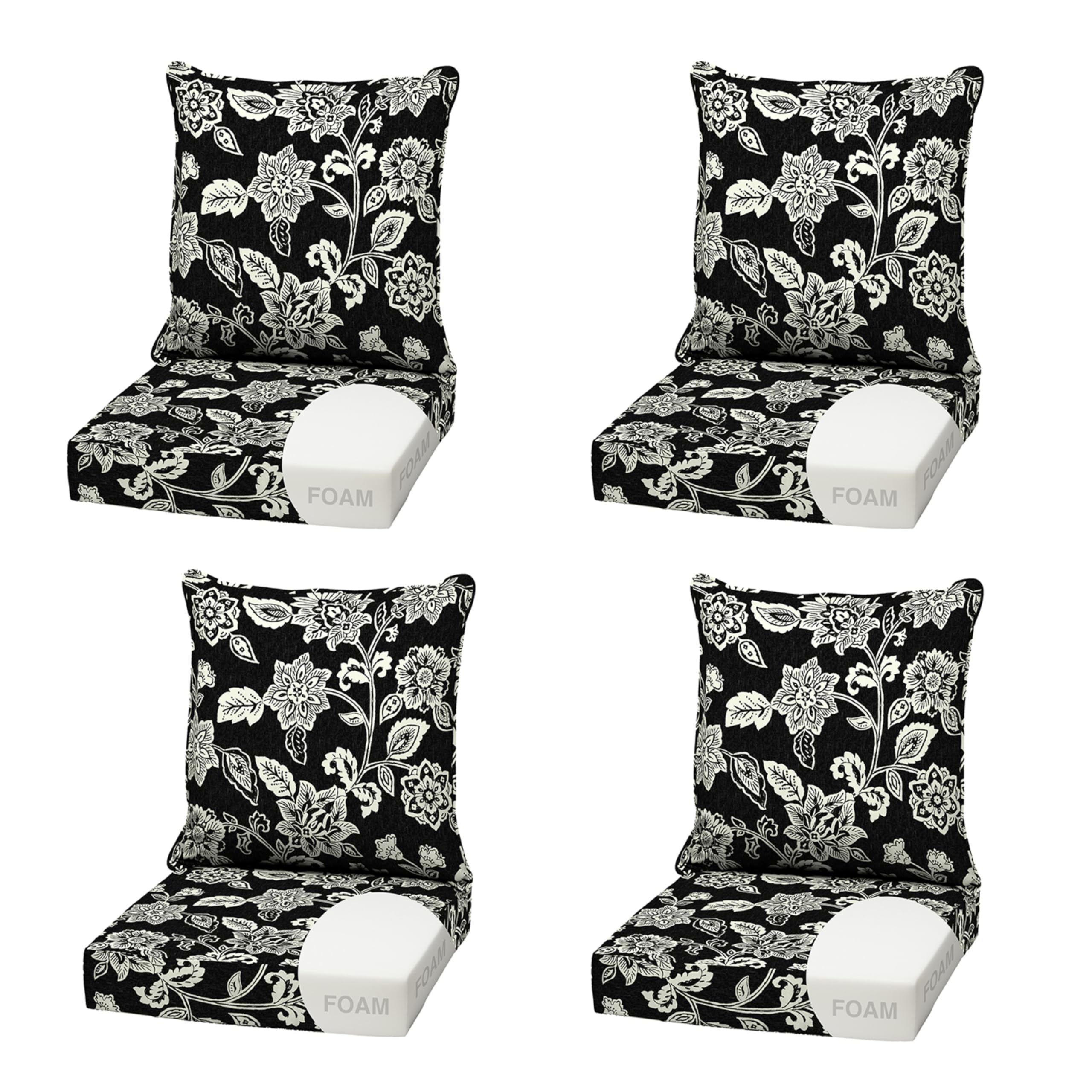 Arden Outdoor Deep Seat Cushion Set, Foam, 4-Pack, 22x24, Black Jacobean