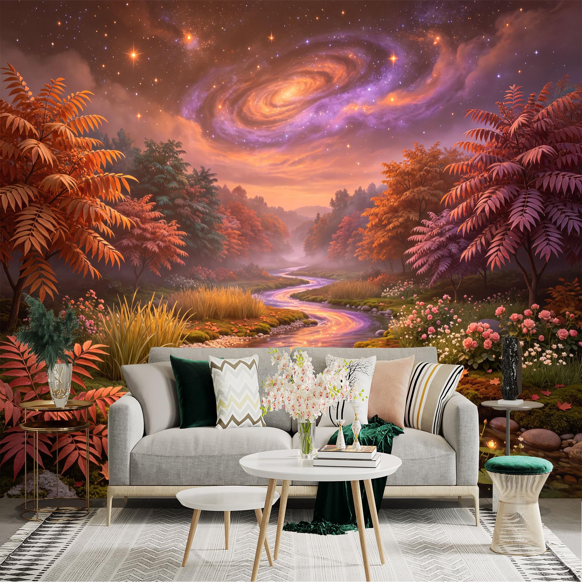 Lnzczhyre Bh260719235 Custom Size Wall Sticker Mural， Magical Autumn Forest Stream， Glowing Nebula Sky， Enchanted Landscape， For Wall Decoration， Peelandstick Wall Decals.