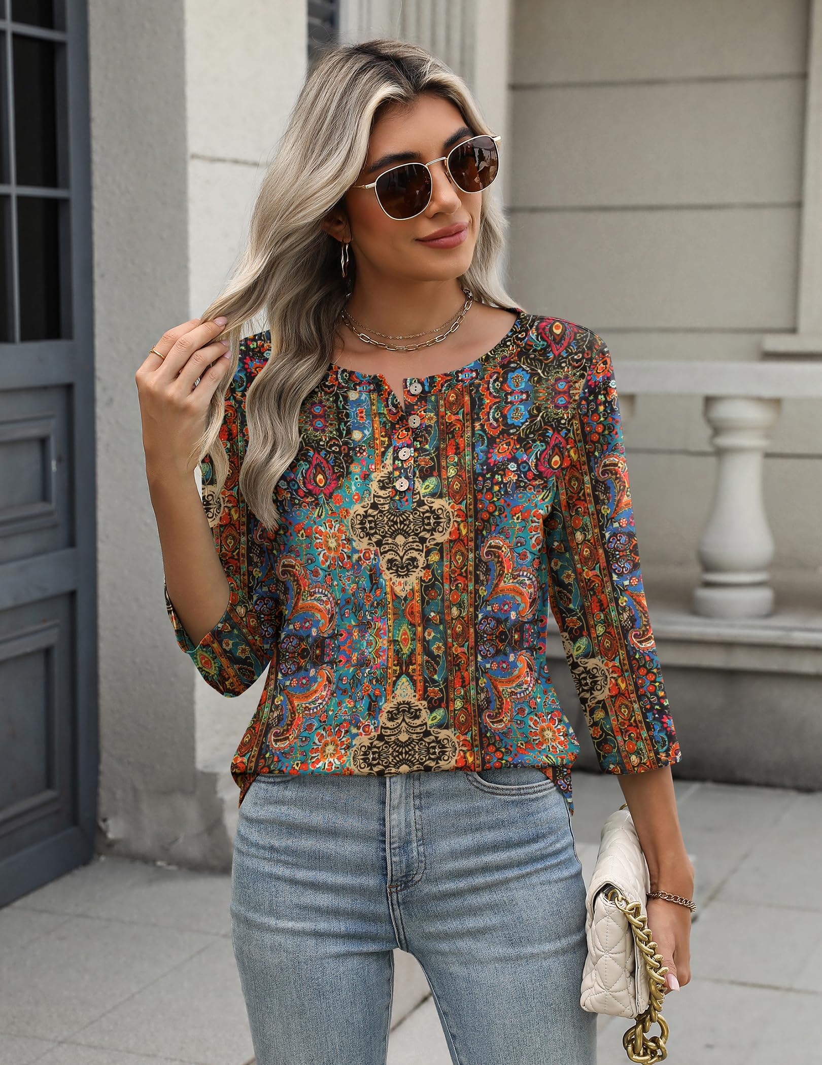 Zeagoo Koszulki damskie topy damskie z rękawami 3/4 eleganckie podstawowe bluzki Henley S-XXL
