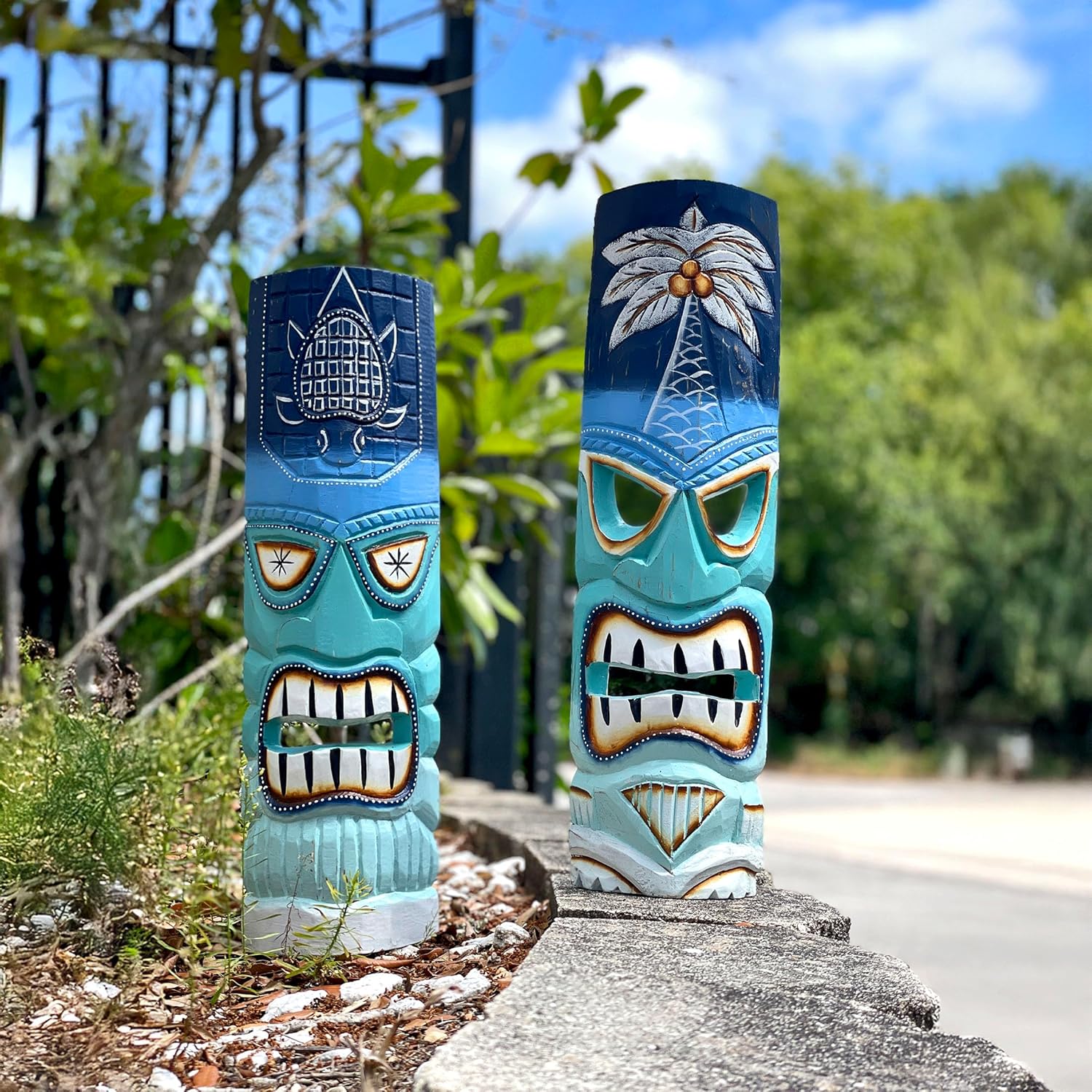 Set of 2 Blue & Green Ocean Tiki Masks – 20 Inch Hand-Carved Wooden Wall Decor for Indoor or Outdoor – Polynesian Tropical Party, Bar, Patio, Porch Accent – Palm Tree & Turtle Design, Easy to Hang