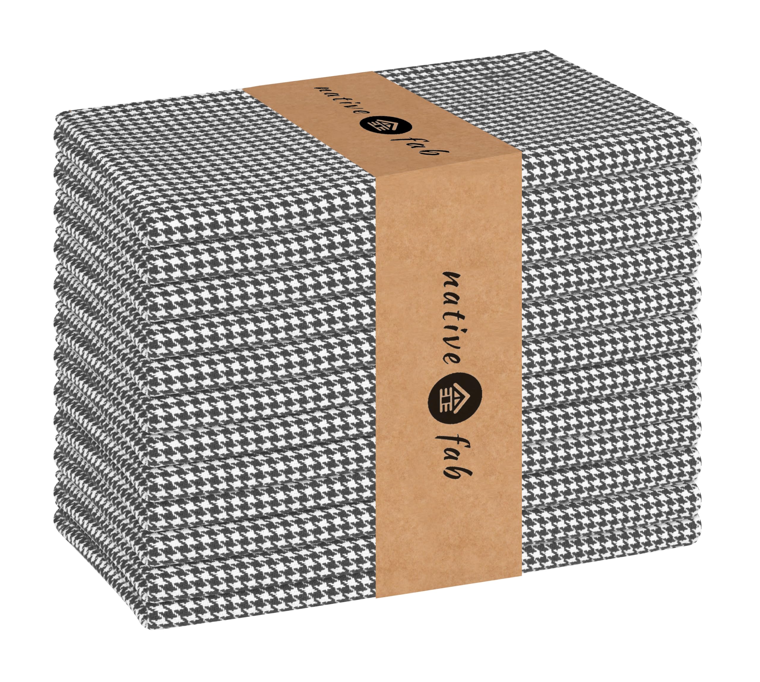Native Fab 100% Cotton Cloth Napkins 18x18 inches, Houndstooth Dinner Napkins, Set of 12, Soft Breathable Absorbent, Machine Washable Cloth Napkins, Grey