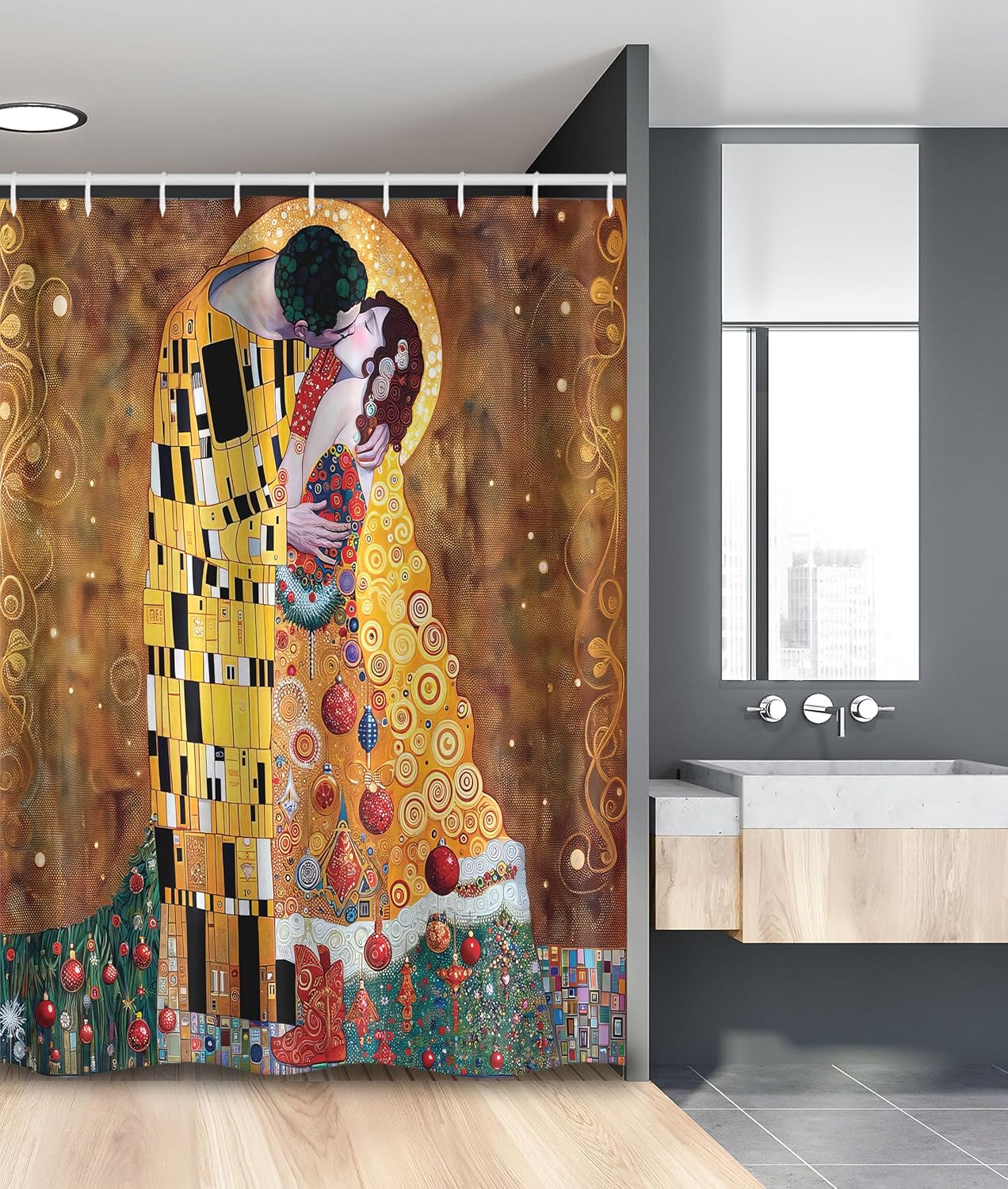 Ambesonne Christmas Stall Shower Curtain, Romantic Xmas in Golden Yellow Tones Theme with Man and Woman Kissing, Fabric Bathroom Decor Set with Hooks, 54" W x 78" L, Ginger Mustard Amber