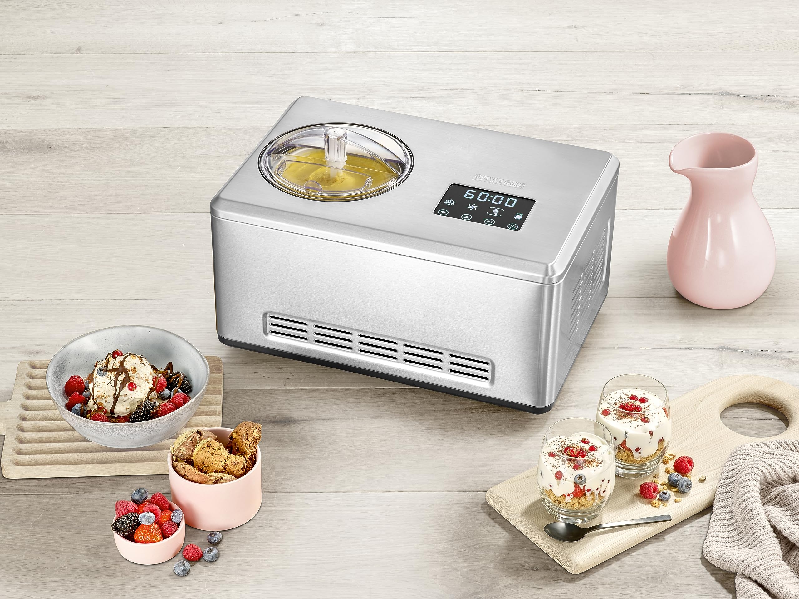 SEVERIN Gelatiera 2in1 con Funzione Yogurt, Macchina per Gelato con Compressore per Sorbetto e Frozen Yogurt, Funzione Caldo e Freddo, Acciaio Inox Satinato - EZ 7405