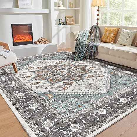 OPPODREAM Soft 6x9 Area Rugs, Washable Rug 6x9 with Non Slip Backing, Faux Cashmere Low-Pile 6 x 9 Carpet, Grey & Teal & Yellow