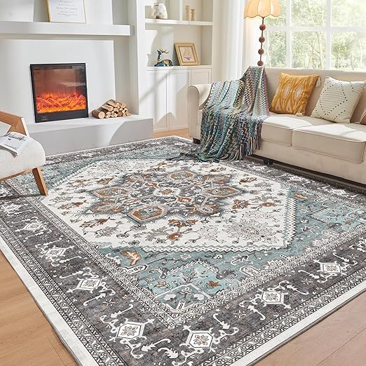 OPPODREAM Soft 6x9 Area Rugs, Washable Rug 6x9 with Non Slip Backing, Faux Cashmere Low-Pile 6 x 9 Carpet, Grey & Teal & Yellow
