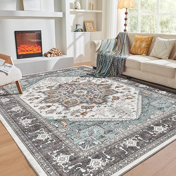 OPPODREAM Soft 6x9 Area Rugs, Washable Rug 6x9 with Non Slip Backing, Faux Cashmere Low-Pile 6 x 9 Carpet, Grey & Teal & Yellow