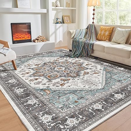 OPPODREAM Soft 6x9 Area Rugs, Washable Rug 6x9 with Non Slip Backing, Faux Cashmere Low-Pile 6 x 9 Carpet, Grey & Teal & Yellow
