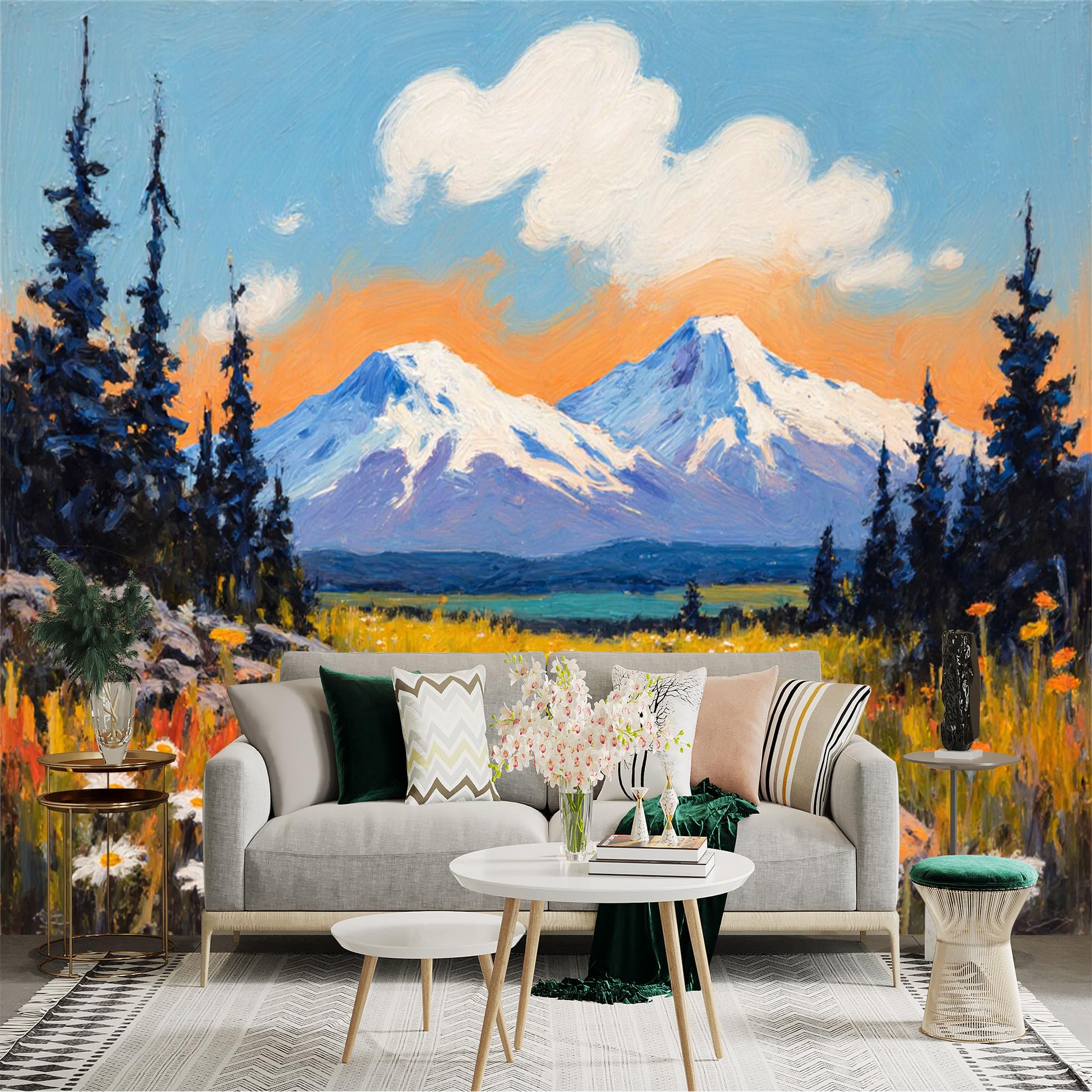 Lnzczhyre Xc260505637 Custom Size Wall Sticker Mural， Snowy Mountain Peaks， Vibrant Wildflower Meadow， Impressionist Landscape Painting， For Wall Decoration， Peelandstick Wall Decals.