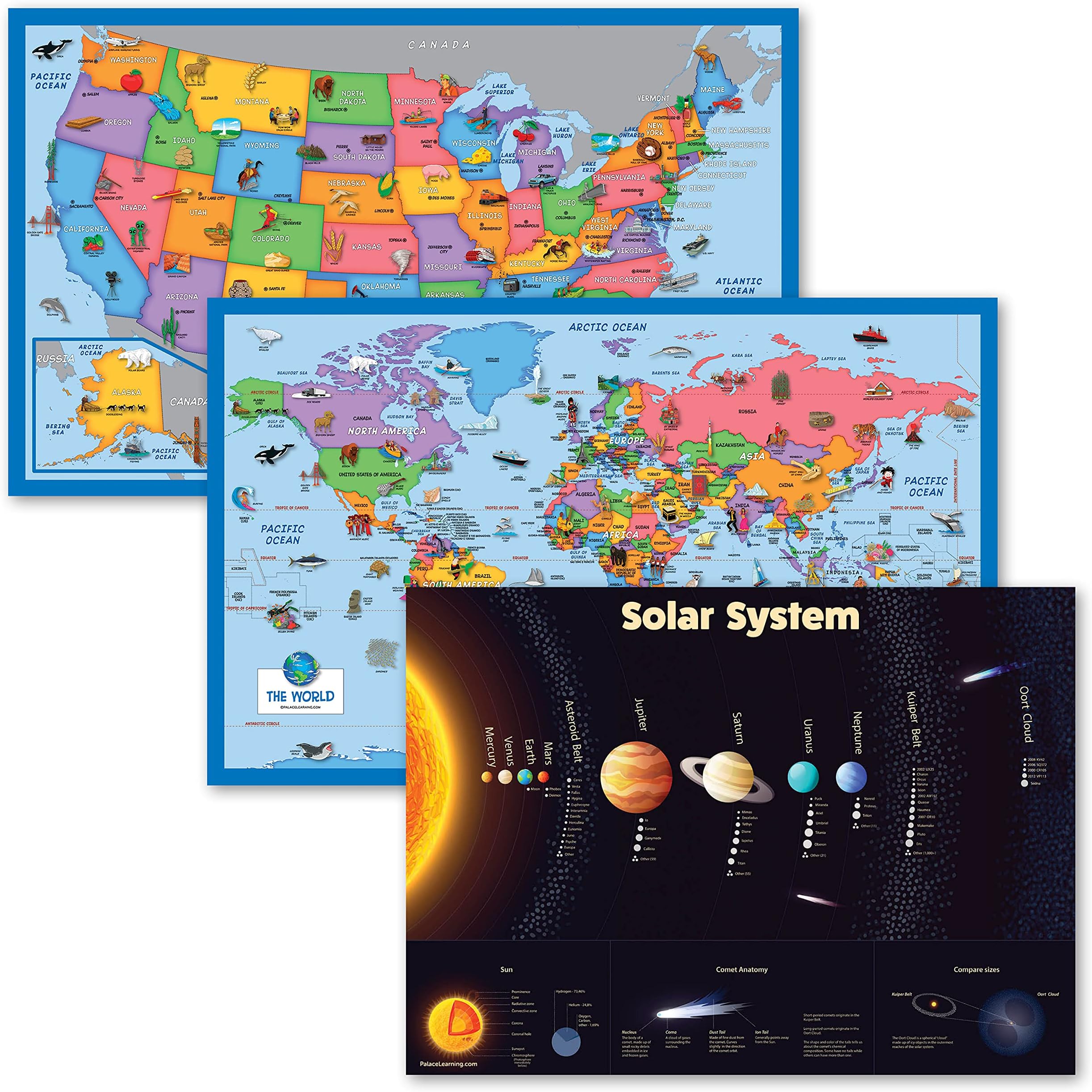 3 Pack - Illustrated World Map & USA Map for Kids + Solar System Poster (Laminated, 18" x 29")