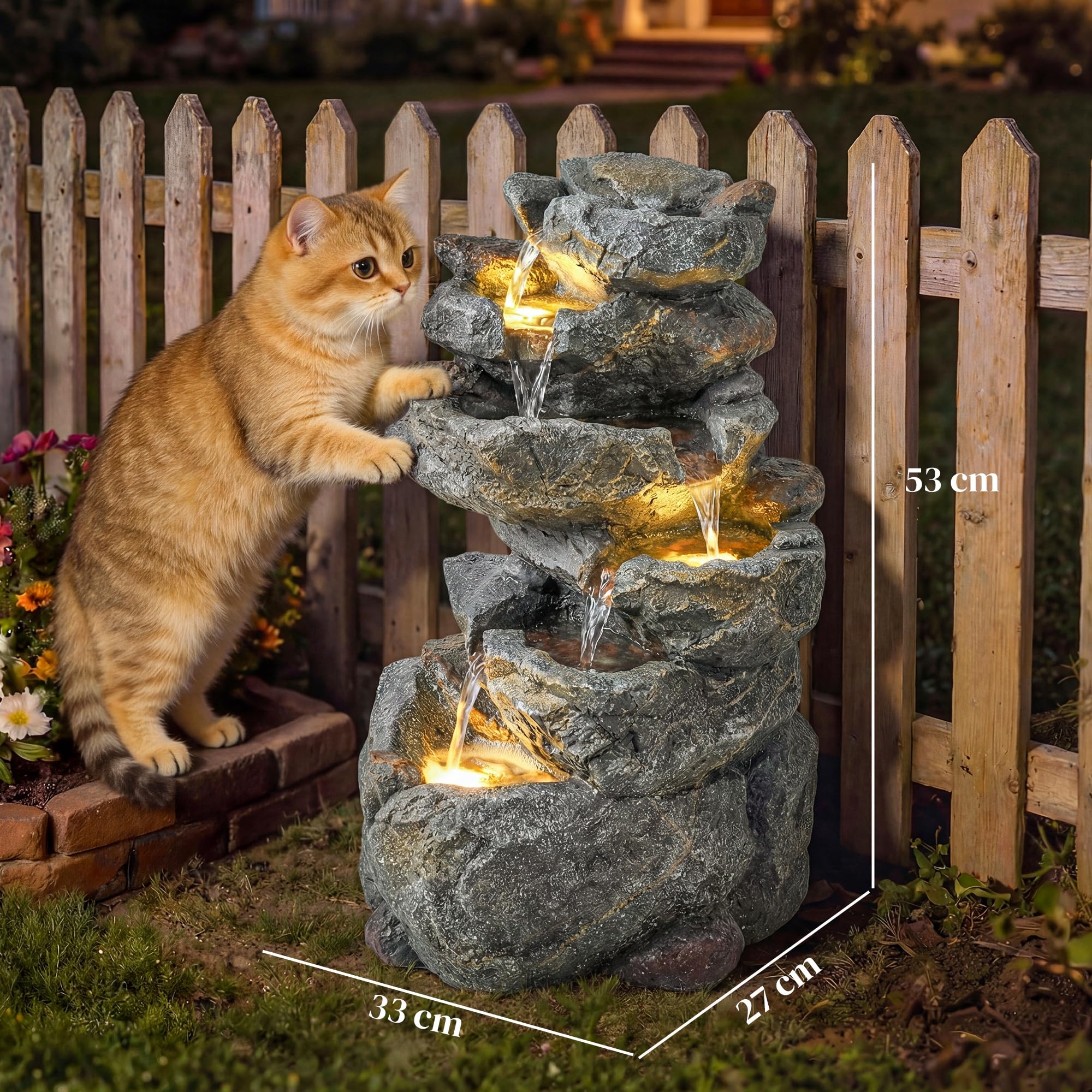 Outsunny Fontaine de Jardin Cascade 6 Niveaux - Décoration de Jardin Zen Résine Pierre Naturelle - 53cm Cascade d'eau Lumineuse LED pour Terrasse, Balcon et Extérieur, Gris
