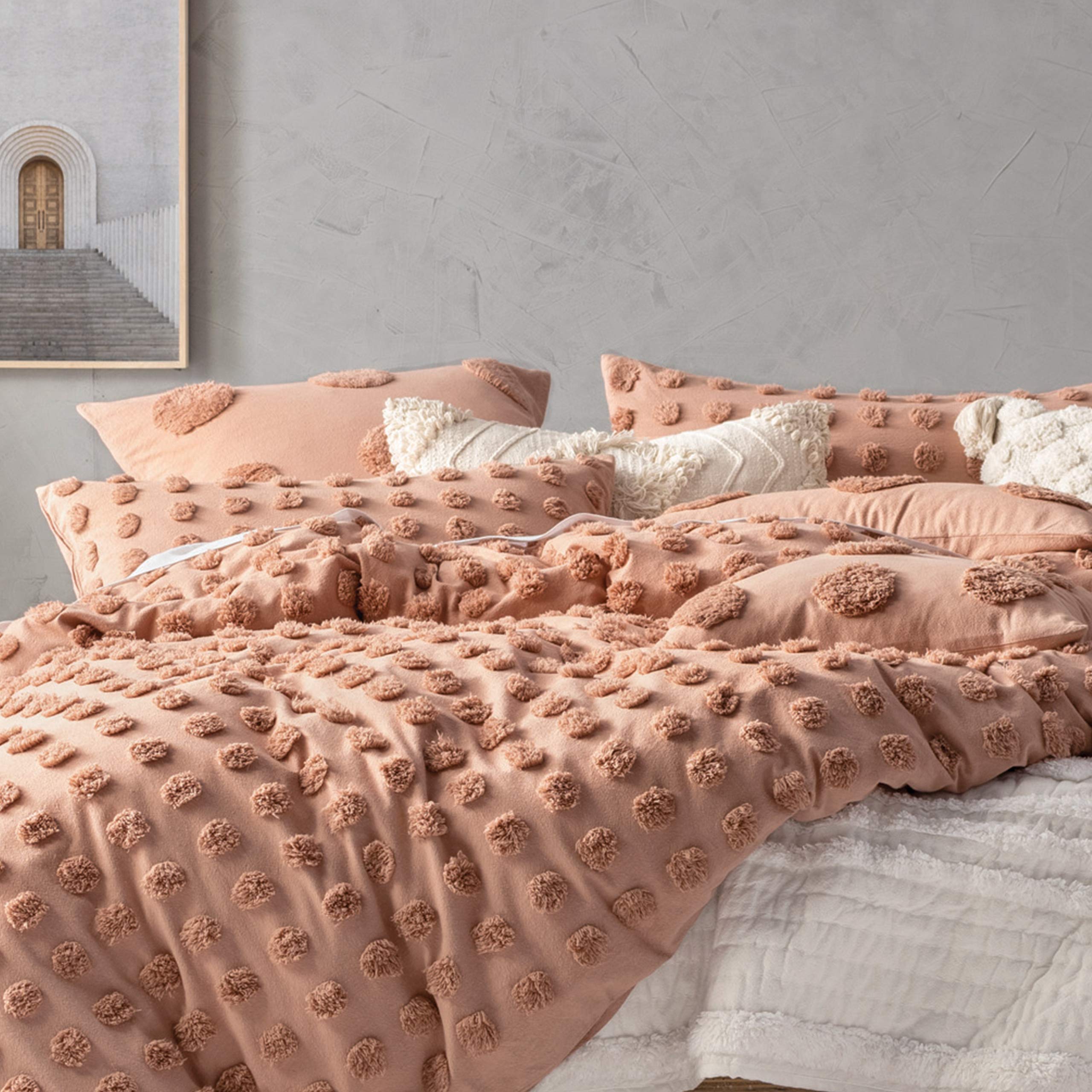 Linen House Haze Tufted Polka Dot Pillowcase Set - Light Brown - 100% Washed Cotton - Envelope Closure
