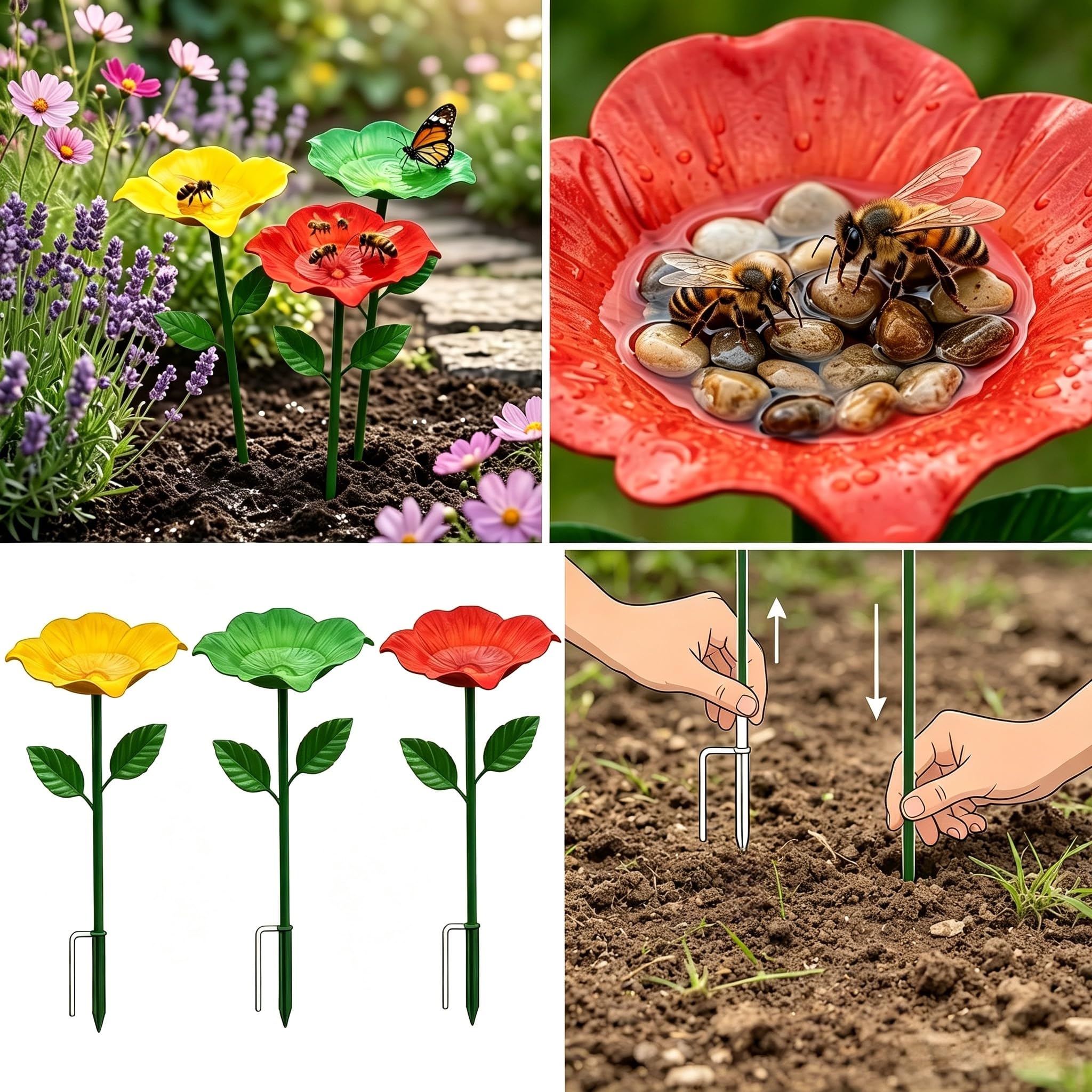 Abbeveratoio da giardino in metallo, set di 4 abbeveratoi per insetti, abbeveratoio per uccelli, fiori, dispenser d'acqua per api e farfalle, decorazione per esterni, cortile, decorazione da