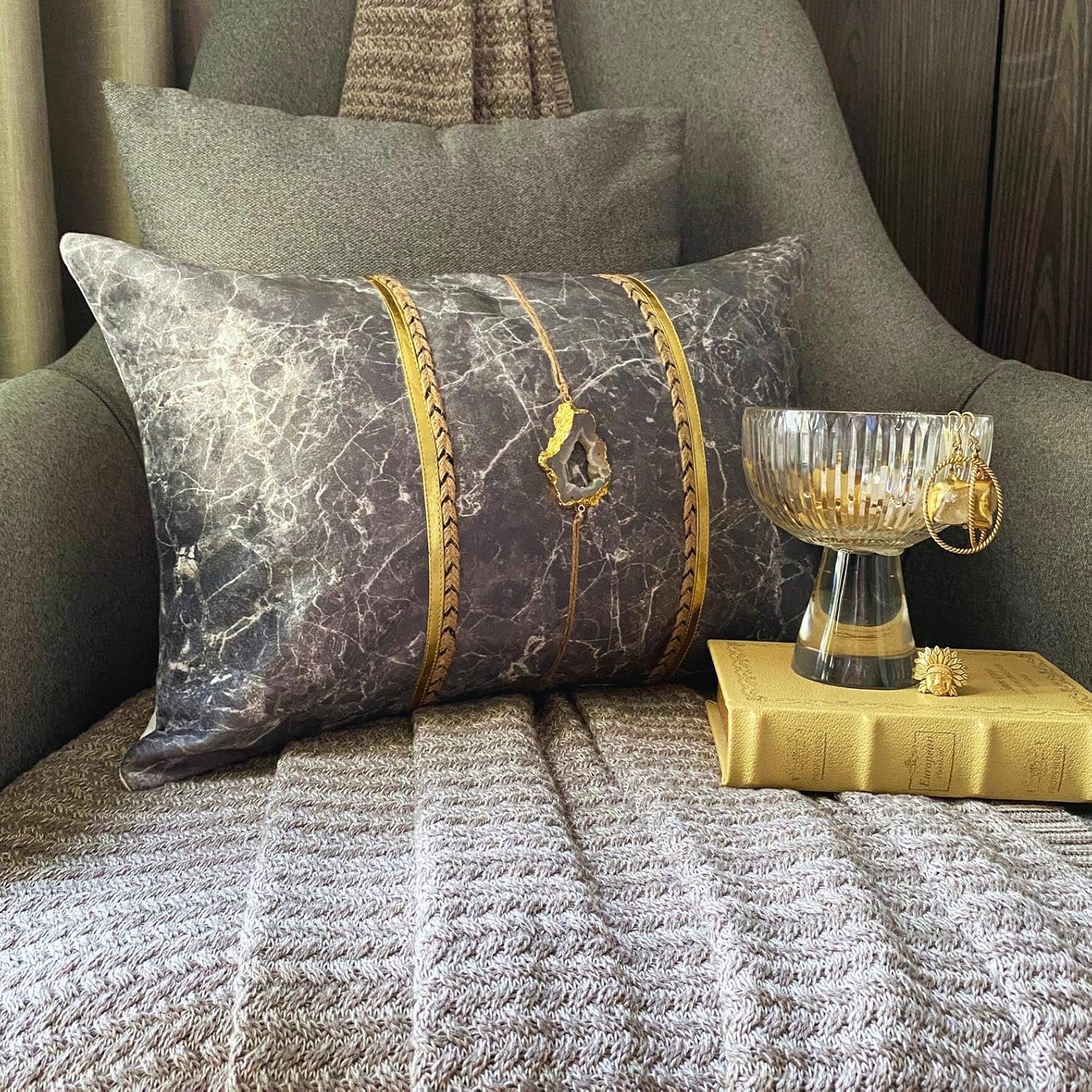 The HomeCentric Handmade Grey 12"x16" (30x40 cm) Lumbar Pillow Cover, Suede Gemstone Faux Leather & Marble Print Oblong Pillow, Abstract Pattern Modern Style - Solar Quartz Grey