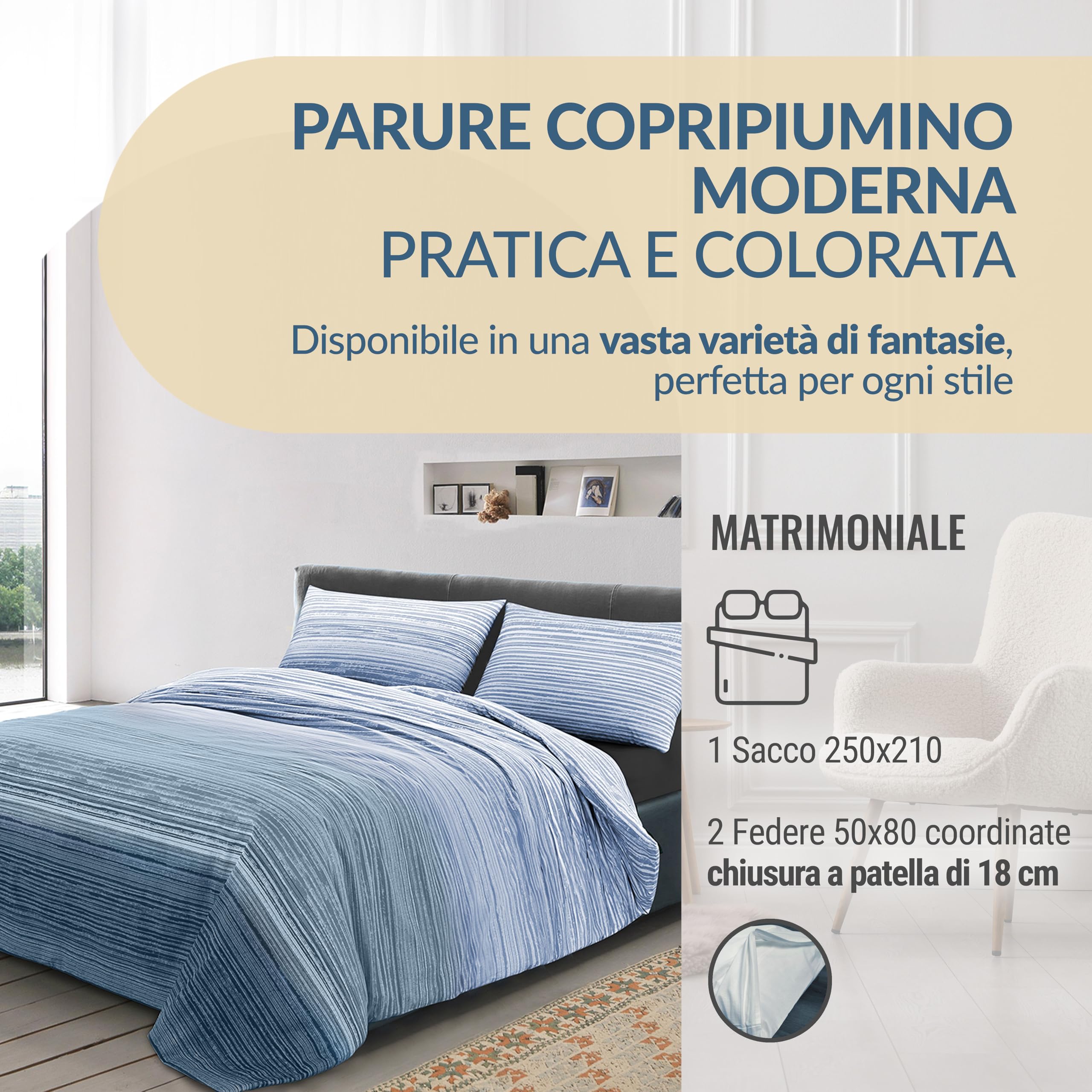 Dorian Home - Set Copripiumino Matrimoniale 250x210 con Sacco Copri Piumino Cotone 100% Puro, Morbido e Certificato + 2 Federe Cuscino Letto 50x80 con Patella di 18 cm, Parure Copripiumino 4 Stagioni