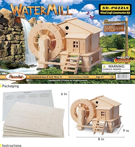 Miniatura 2 de Juego de molinillos de agua con rompecabezas en 3D kit de construcción de madera divertido y educativo bricolaje de juguete de madera modelo sin
