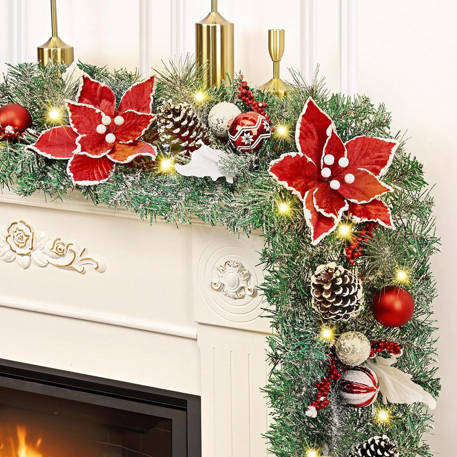Christmas Garland with Lights, 6 FT Christmas Garland for Mantle, Realistic Flocked Garland with Poinsettia Flowers Balls Pinecones Berries for Mantle Table Door Stairs Railing Christmas Decor 1 Pack