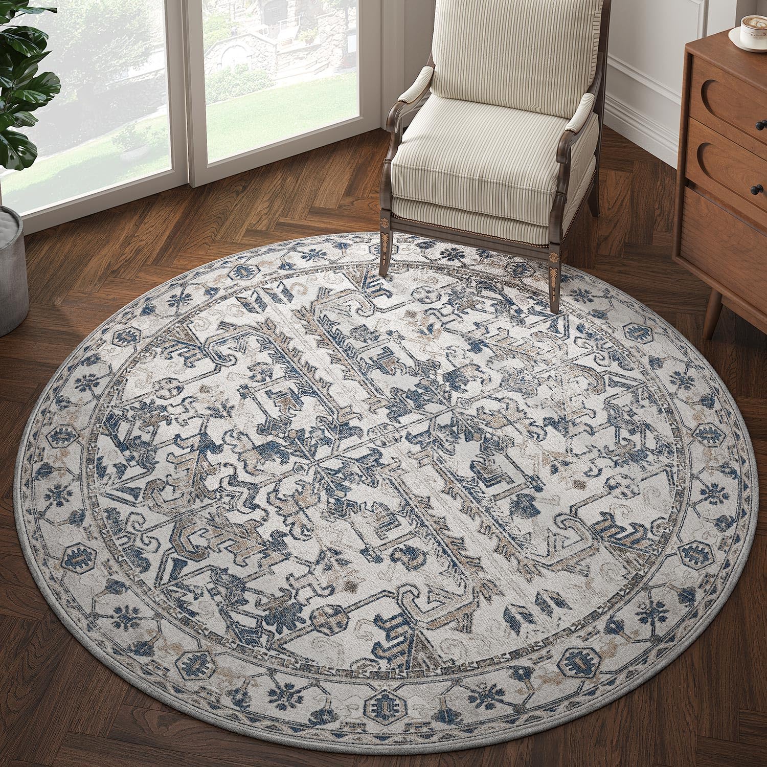 jinchan Round Rug 6ft Washable Area Rug Vintage Floor Mat Kitchen Indoor Circle Rug 6' Round Thin Rug Floral Print Carpet Retro Farmhouse Non Slip Dining Room Living Room Bedroom Office Decor Blue