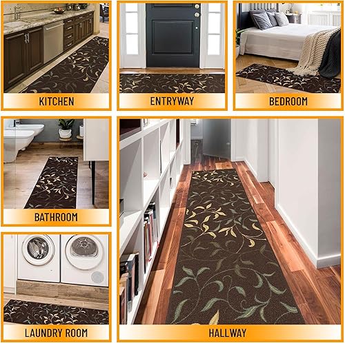Miniatura 3 de Ottomanson Ottohome Collection - Alfombra antideslizante de goma con diseño floral de hojas de 5 x 7 pulgadas, 5 x 6 pies 6 pulgadas, beige