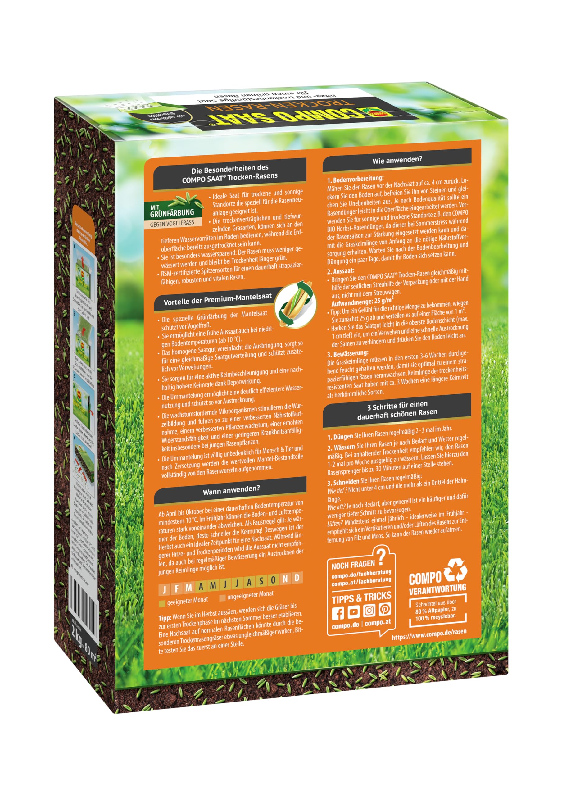 COMPO SAAT Trocken-Rasen, Hitze- und trockenverträgliche Rasensamen/Grassamen für trockene und sonnige Standorte, 2 kg, 80 m²