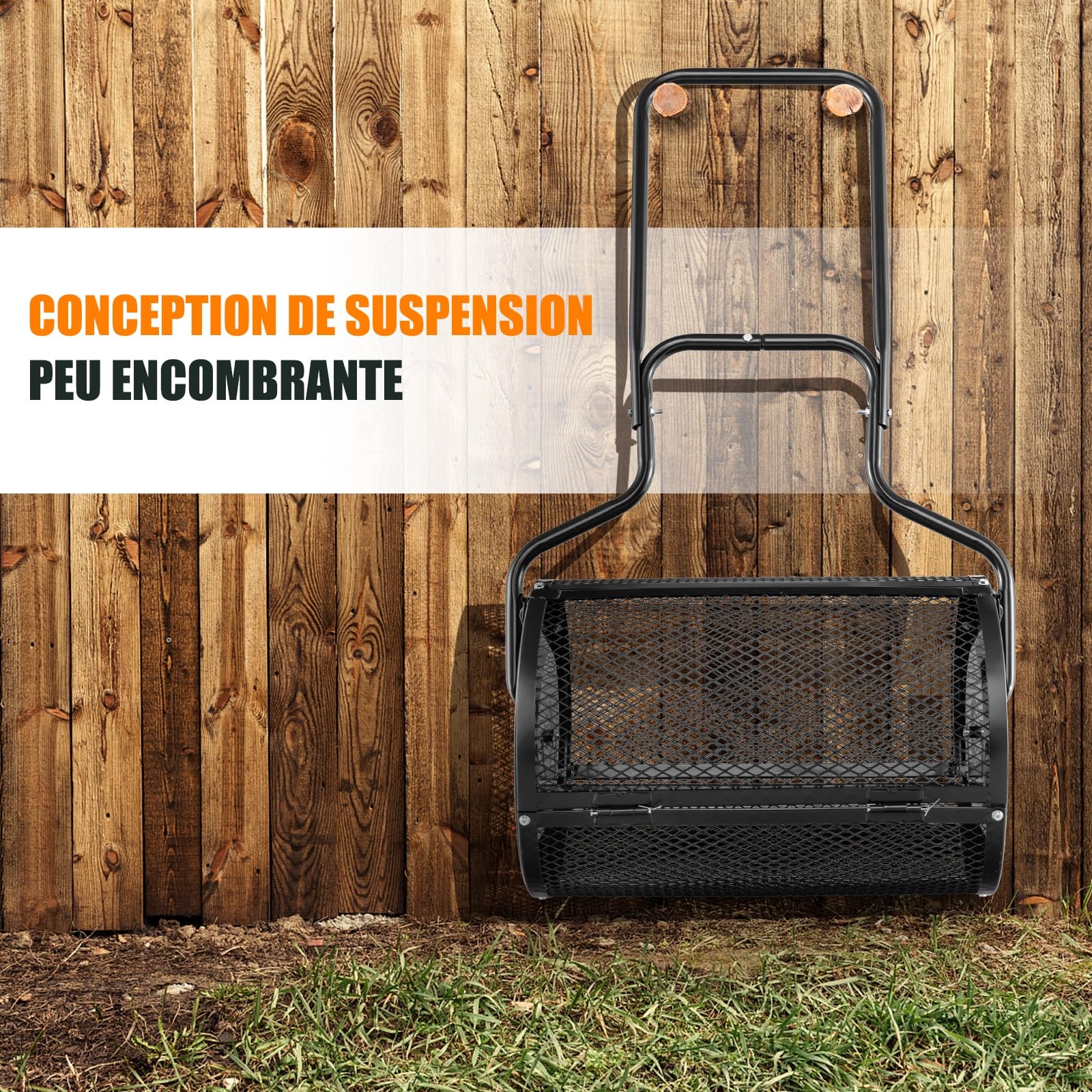 GOPLUS Épandeur de Compost d68cm pour Pelouses et Jardin, Capacité 75L, Épandeur en Treillis Métallique avec Double Loquets Latéraux, Épandeur de Fumier, de Terreau et de Paillis Roulant (Noir)