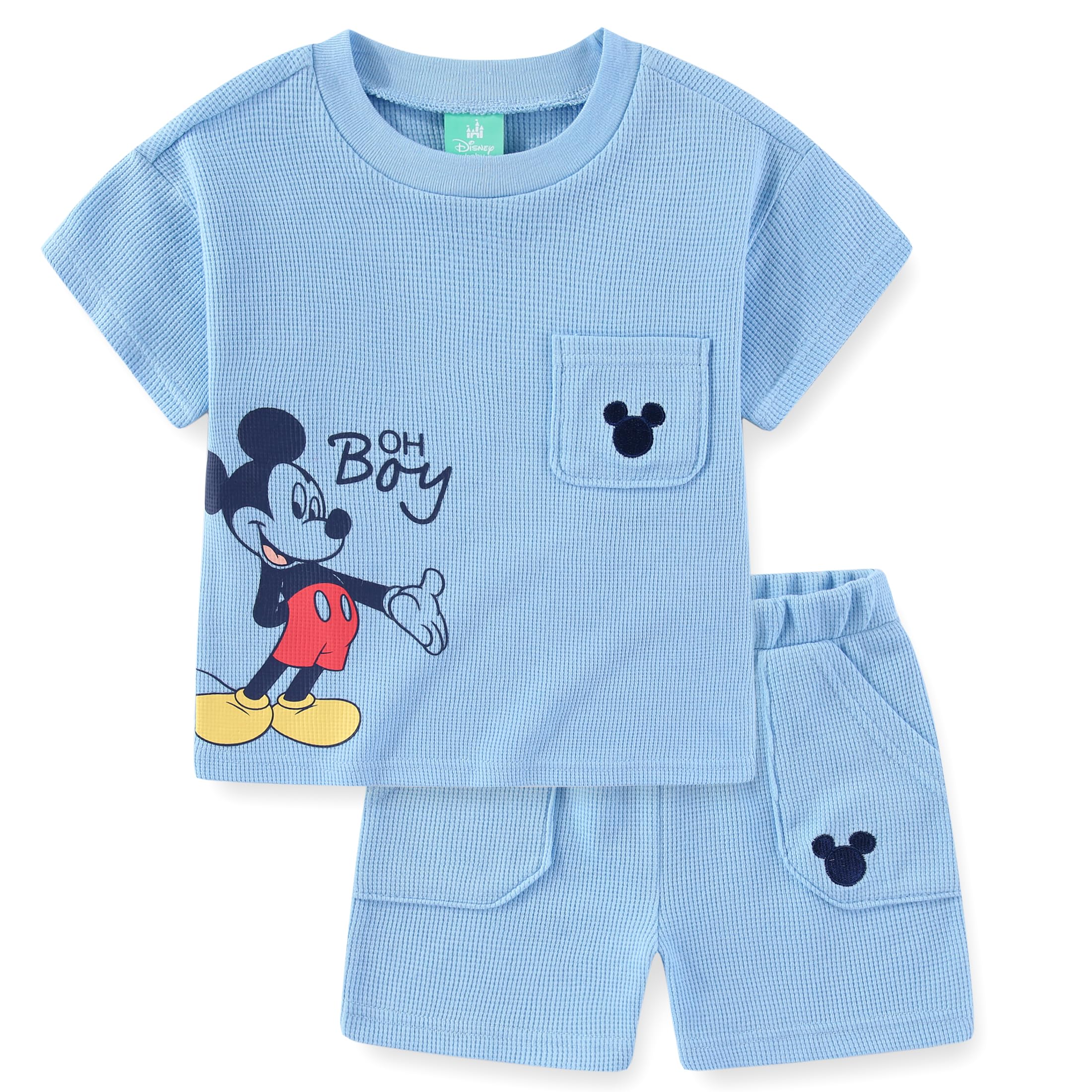 Disney Lilo & Stitch Mickey Mouse Boys Waffle Knit Short Sleeve Shirt and Short Set for Infant Toddler and Big Kids