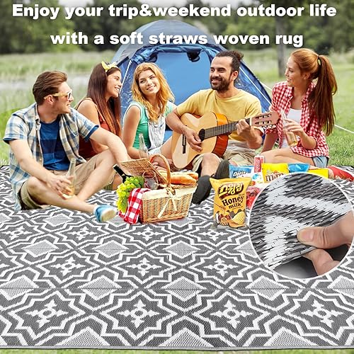 Miniatura 7 de Alfombra de exterior impermeable de 9 x 12 pies, alfombra de campamento para exteriores, alfombra de paja de plástico, artículos esenciales para