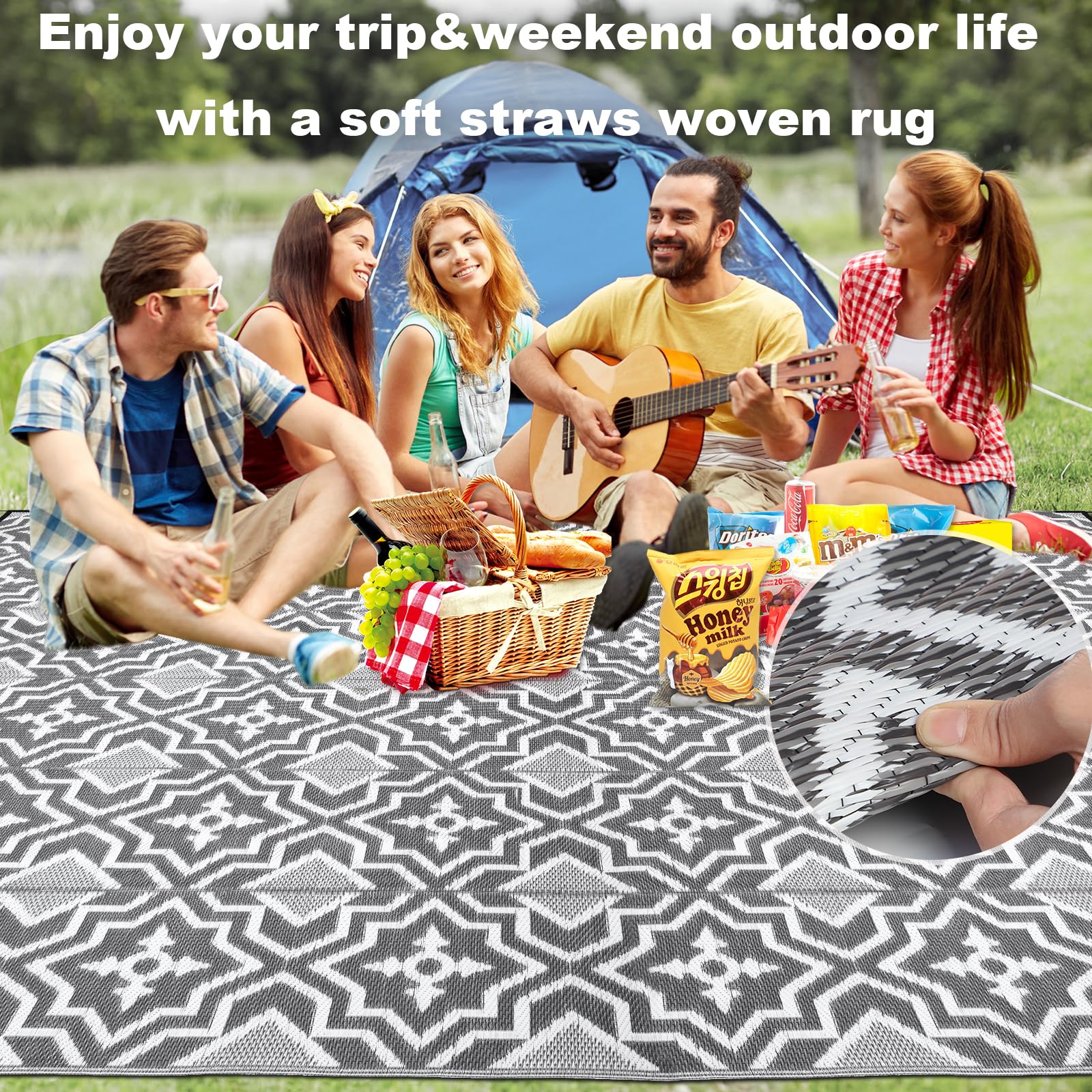 Alfolo Dywan zewnętrzny, plastikowy dywan ze słomy, dywaniki zewnętrzne 9 x 30 cm, na patio, wodoodporny dywan na patio, dywaniki kempingowe do kampera, szare, nadające się do recyklingu, tkane dywany