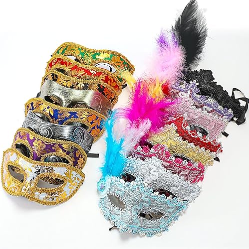 Miniatura 4 de 16 máscaras de Mardi Gras con plumas, unisex, medias mascaradas, máscaras venecianas para mujeres, hombres, niños, Mardi Gras, carnaval, fiesta,