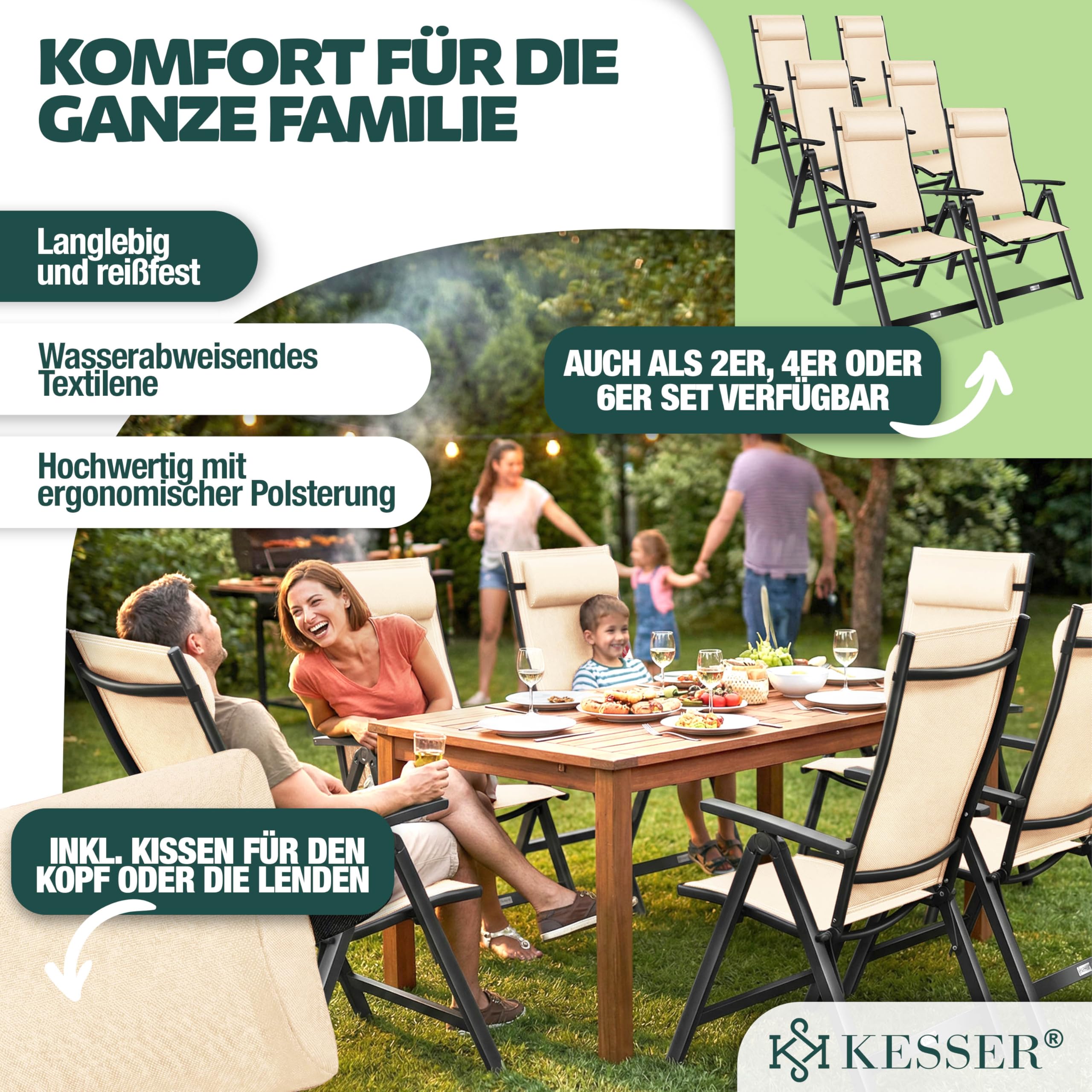 KESSER® Sedia da giardino con schienale Alto, con braccioli, in alluminio, con cuscino, regolabile in 7 posizioni, Resistente Alle Intemperie, pieghevole, 1 Unidad, Beige