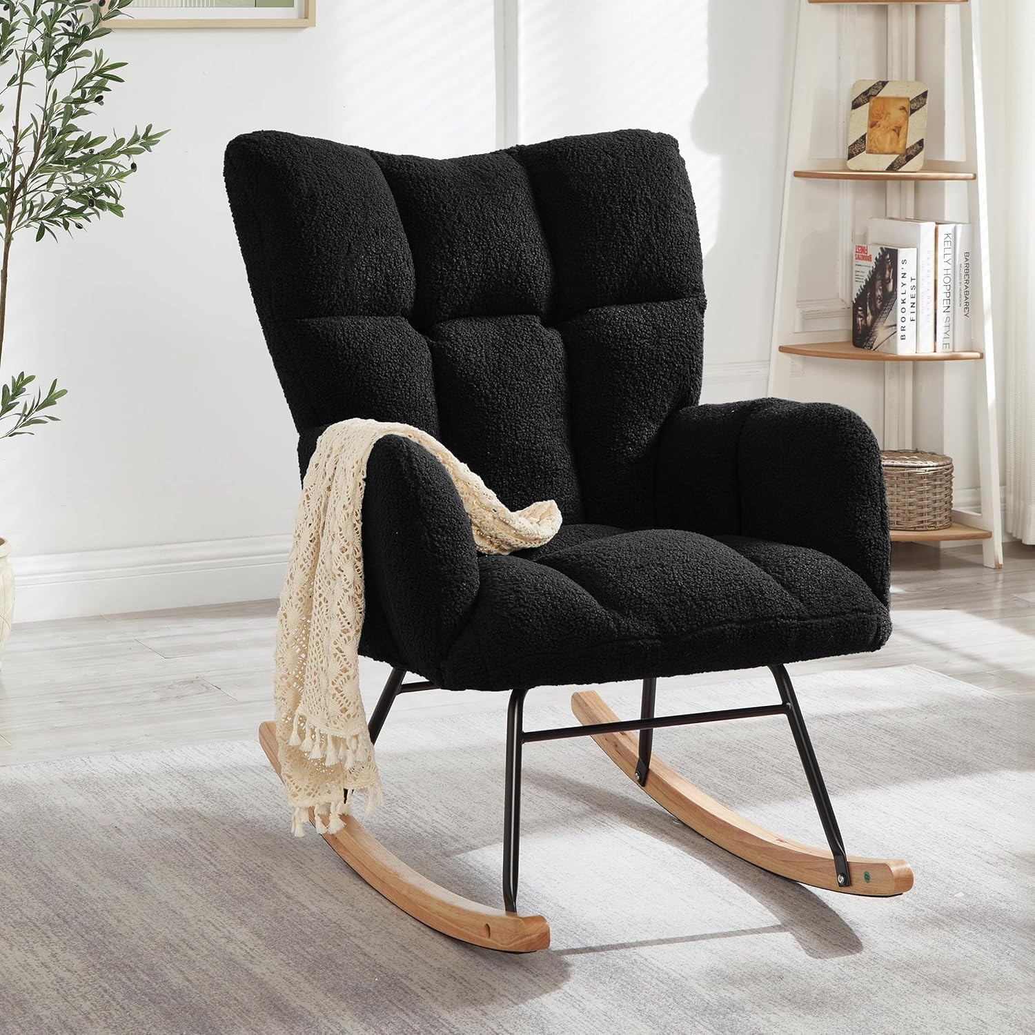 Glider Chair for Living Room, Teddy Upholstered Glider Rocker with High Backrest Armchair, Modern Rocking Accent Chairs Armchair Comfy Chair for Nursery Living Room Bedroom (Black)
