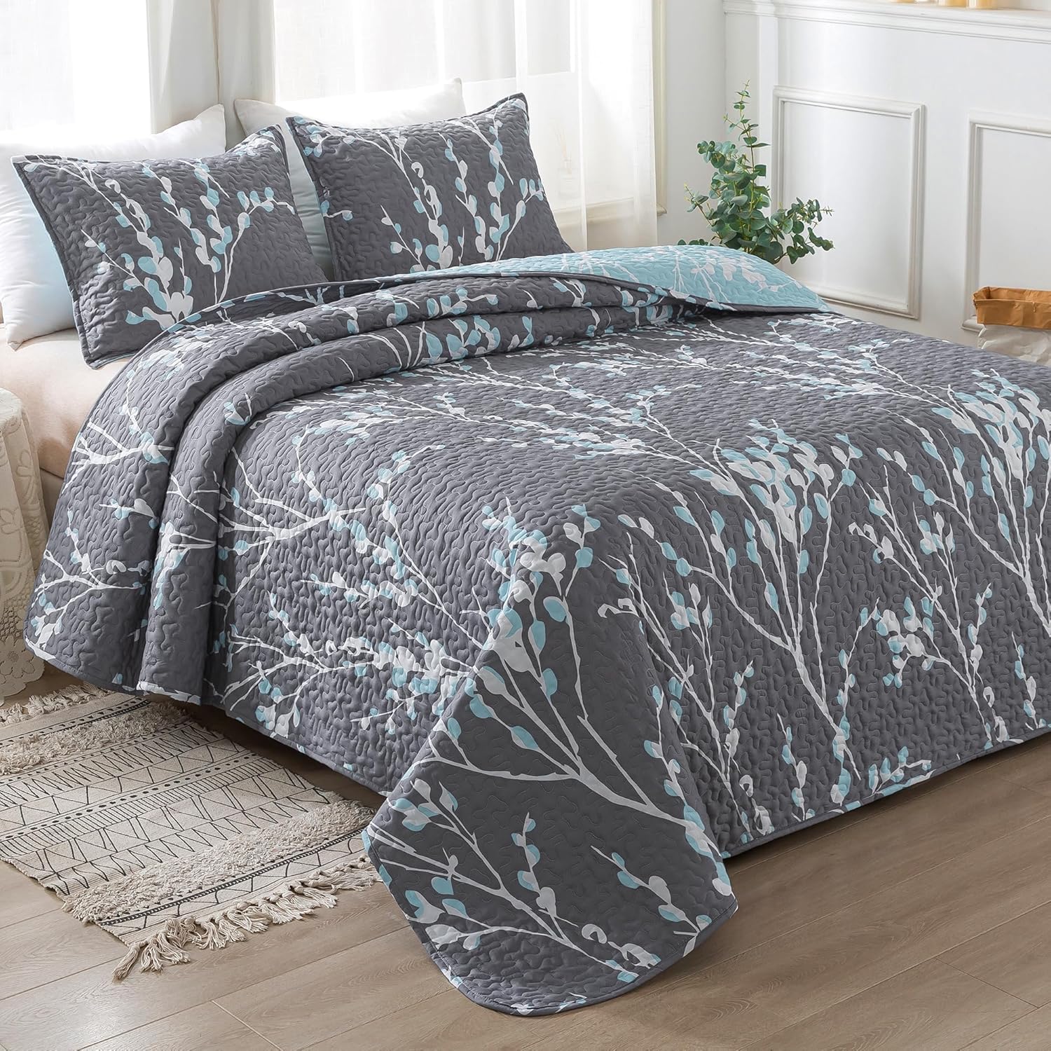 Andency Quilt California King Size Grey Blue (112x104 Inch), 3 Pieces Floral Lightweight Bedding Set, Microfiber Reversible Flower Quilted Bedspread Coverlet with 2 Pillowcases for Men Women - Image 7