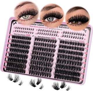 Lash Clusters Volume Cluster Eyelash Extensions D Curl Waterproof Individual Lashes 240pcs Fluffy Faux Mink Cluster Lashes and 60pcs Bottom Lashes for DIY Eyelash Extension