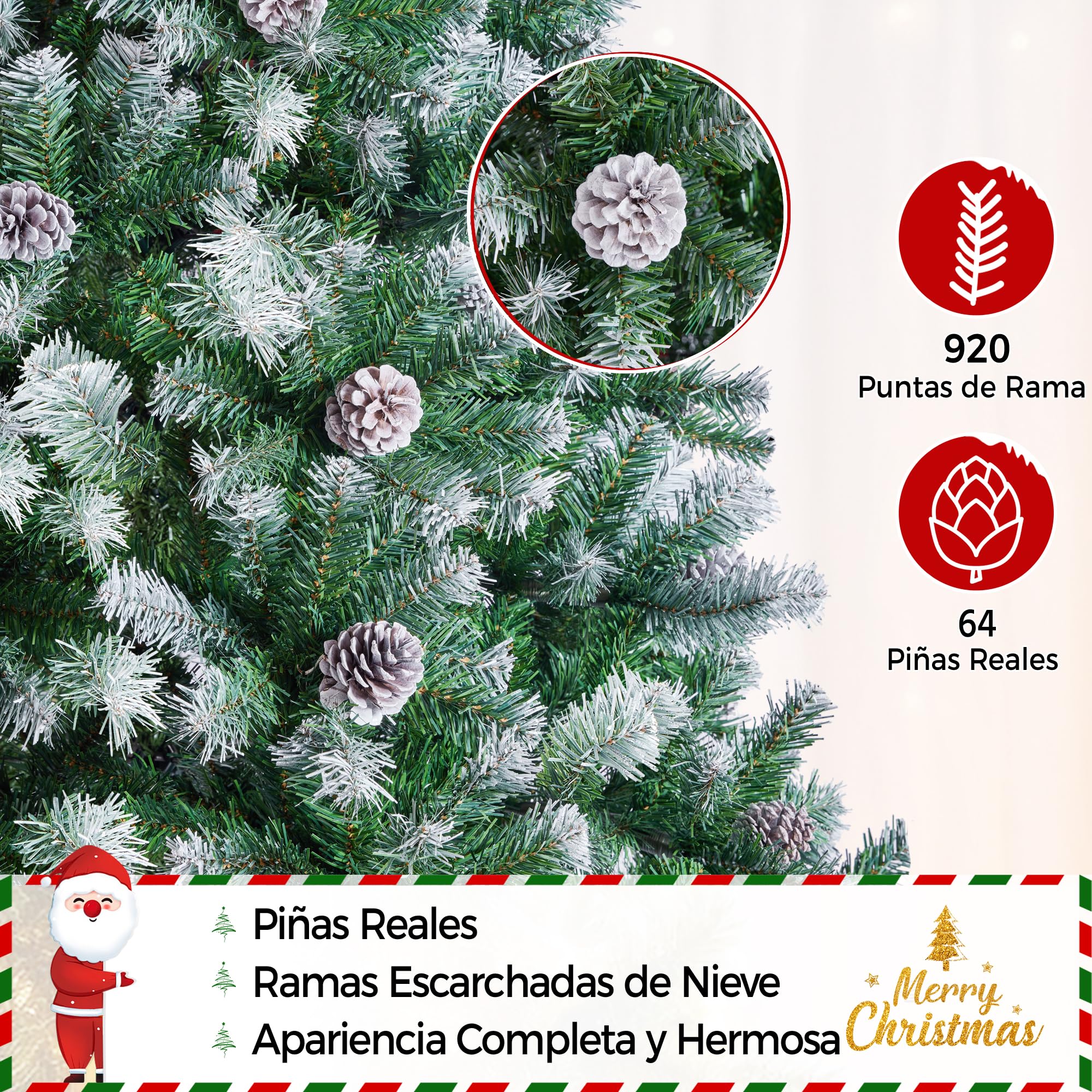 Yaheetech 183cm Árbol de Navidad Nevado Artificial 920 Puntas con 64 Frutas de pinos Soporte Metálico Plegable para Decoración Casa Oficina Fiestas Festivas