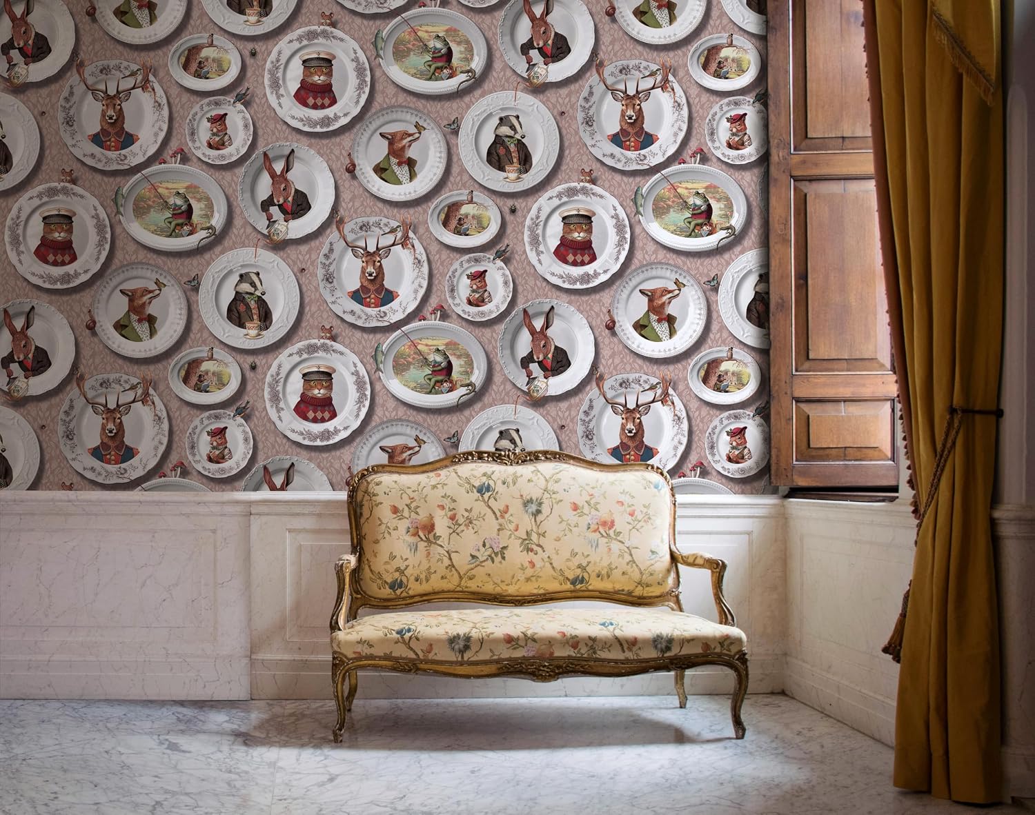 Premium Tales of the Manor Blush Pink Non-Pasted Wallpaper – Whimsical Animal & Scenic Pattern, 56 Sq Ft Coverage – Paste-the-Wall Wallcovering