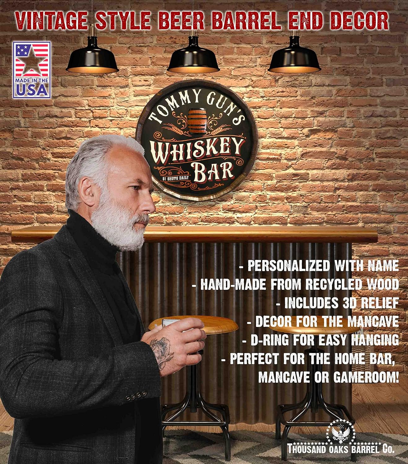 Thousand Oaks Barrel Co. Personalized 21"Inch Whiskey Barrel Head Sign - Wood Home Bar Decor - For Man Cave, Kitchen, Office - Whiskey Shot Bar - Custom Wine Barrel Lid Wall Art (QBX28)
