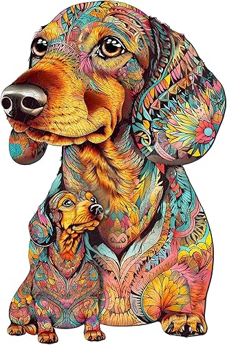 WOODBESTS Rompecabezas de madera para adultos, rompecabezas de perro salchicha (S, 100 piezas, 8.6 x 7.2 pulgadas), hermosa caja de madera,