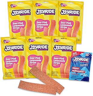 JOYRIDE Pink Lemonade Sour Strips - 3.5 oz 6-Pack Bundle with 2.5oz Glacial Peppermint Gum, Low Sugar, Sour Belt Candy, Dye Free, Low Calorie Snacks, Healthy Candy (7 Items)