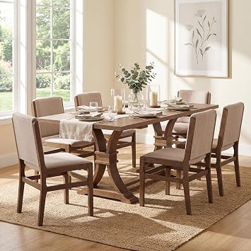 Christopher Knight Home Chady Wooden 7 Piece Dining Table Set with Chairs, Modern Extendable Dining Room Table Set with X-Frame, Upholstered Dining Chairs Set of 6 for Kitchen, Walnut+Beige