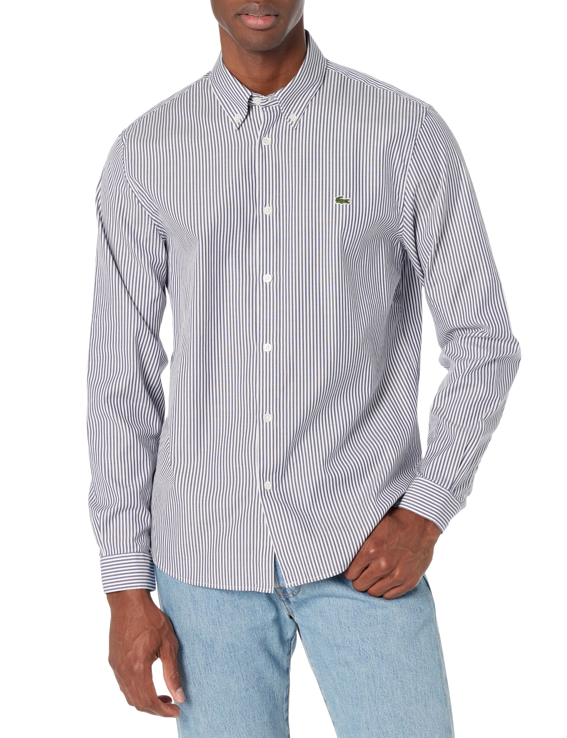 Lacoste Men's Regular Fit Long Sleeve Button Down Stripe Shirt, White/Navy Blue, M/L