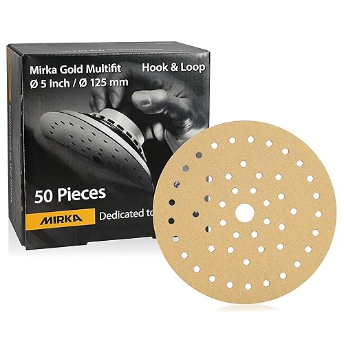 Mirka Gold Multifit - Papel de lija de 5 pulgadas, grano 150 ganchos y bucles, paquete de 50 discos de lija de 5 pulgadas para lijadora orbital,